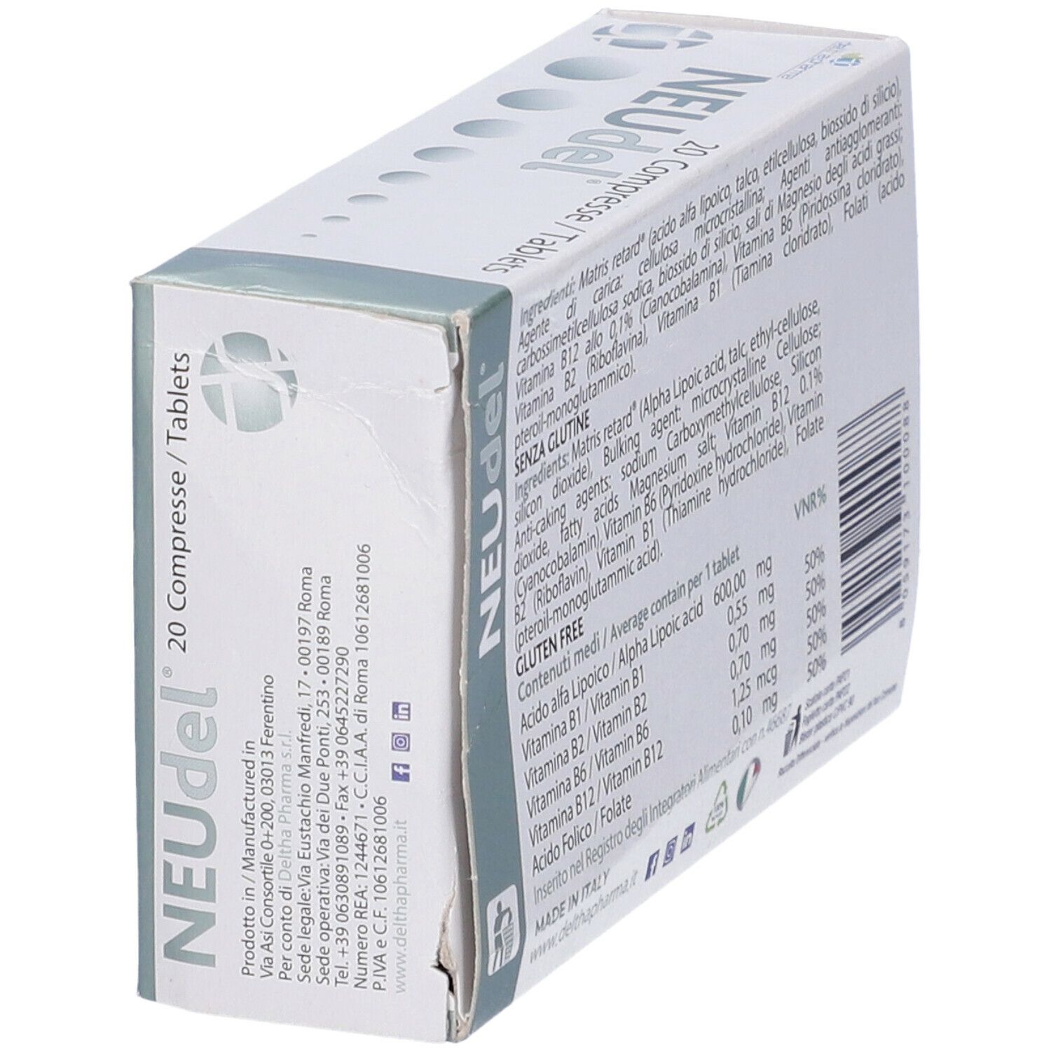 Scatola di compresse "NEUdel". Retro con elenco ingredienti, informazioni nutrizionali, senza glutine, logo Deltha Pharma.
