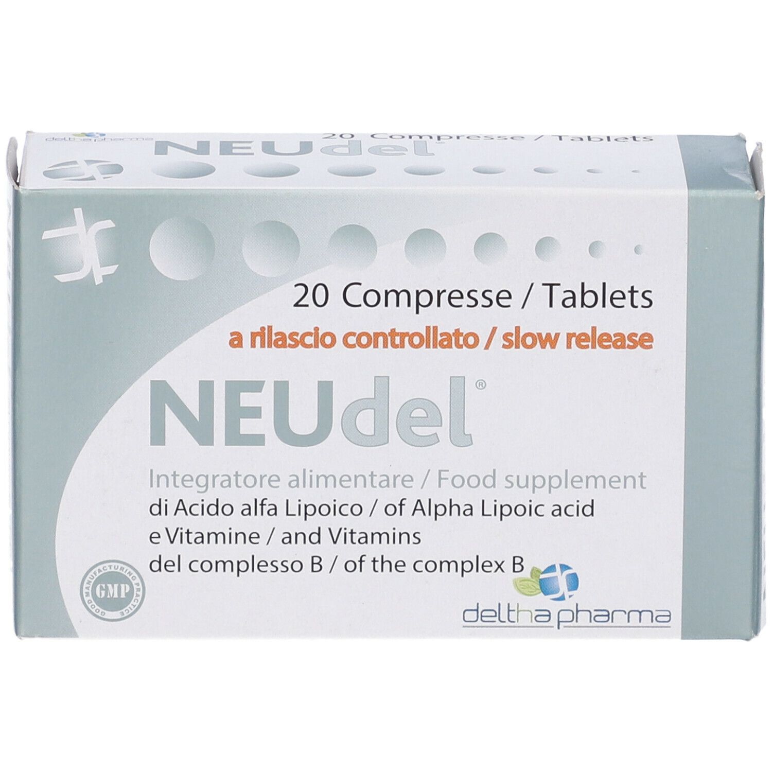 Scatola di compresse "NEUdel". Scritta: 20 Compresse/Tablets, a rilascio controllato/slow release. Logo Deltha Pharma.
