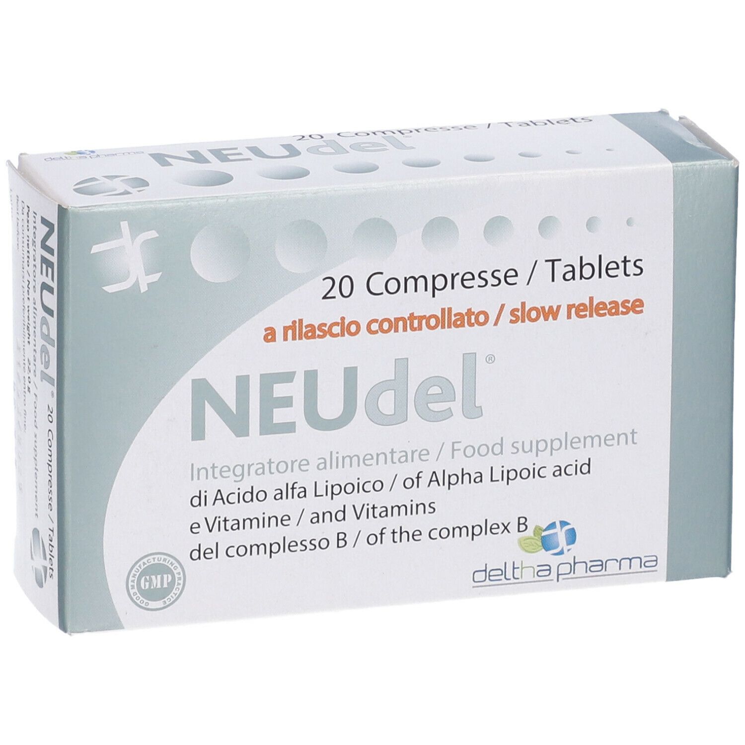 Scatola di compresse "NEUdel". Scritta: 20 Compresse/Tablets, a rilascio controllato/slow release. Logo Deltha Pharma.