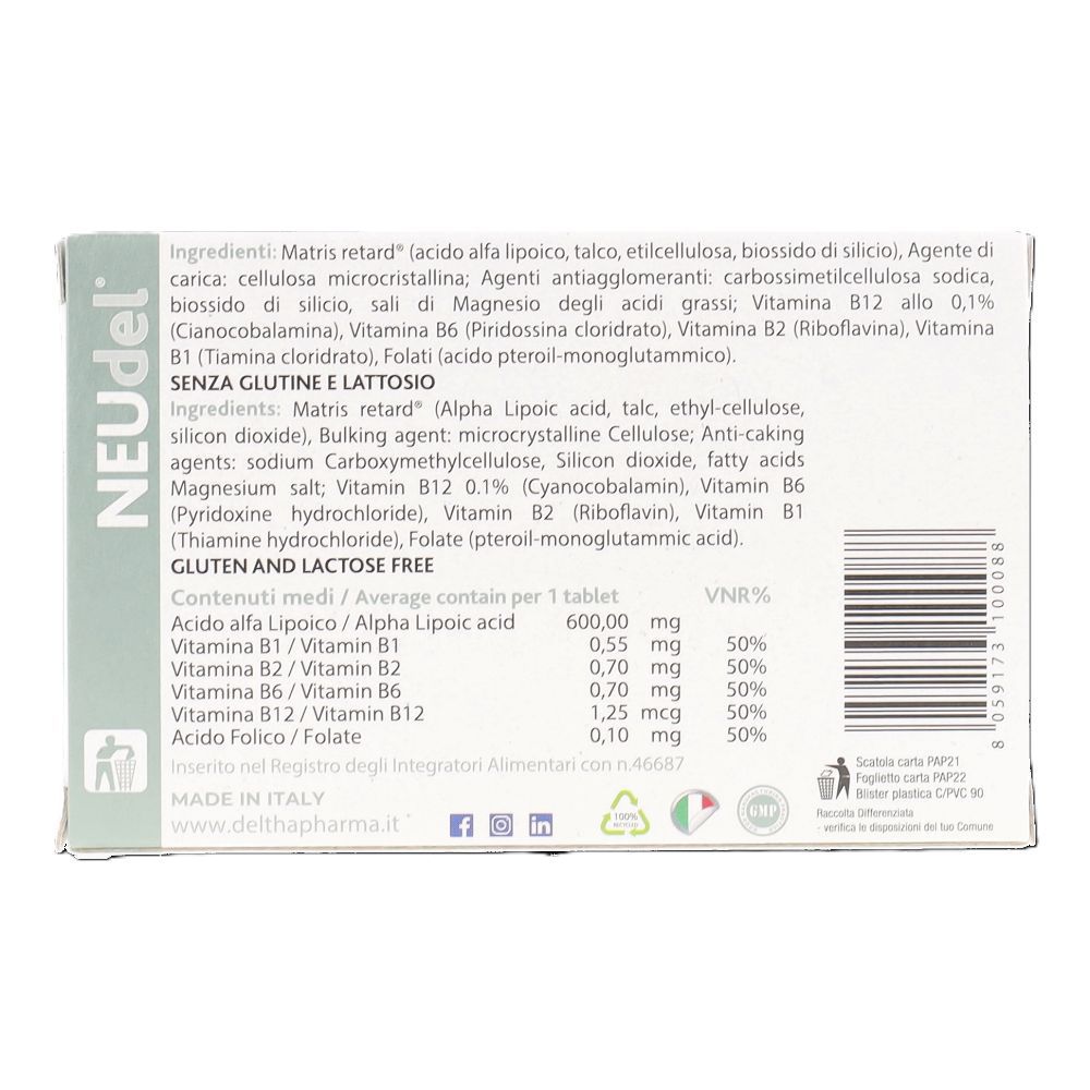 Retro della confezione NEUDEL Compresse. Ingredienti, informazioni nutrizionali, senza glutine. Prodotto in Italia.