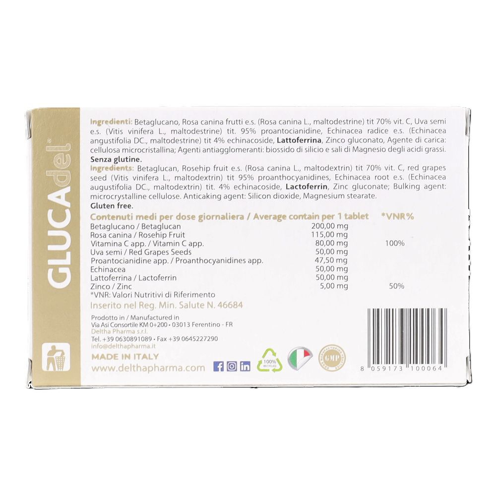 Retro della confezione GLUCADEL Compresse. Contiene ingredienti, informazioni nutrizionali e dettagli del produttore.