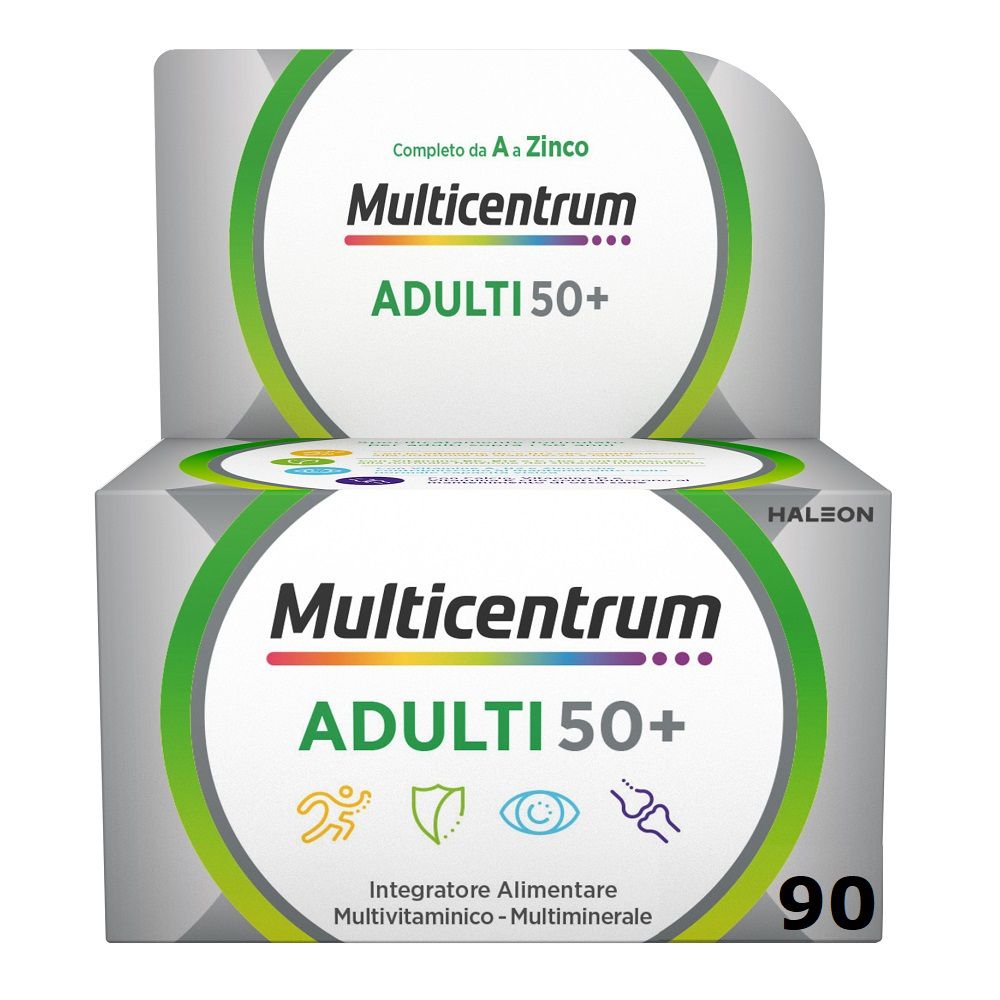 Confezione Multicentrum ADULTI 50+. Contiene 90 compresse. Con zinco. Per adulti 50+.