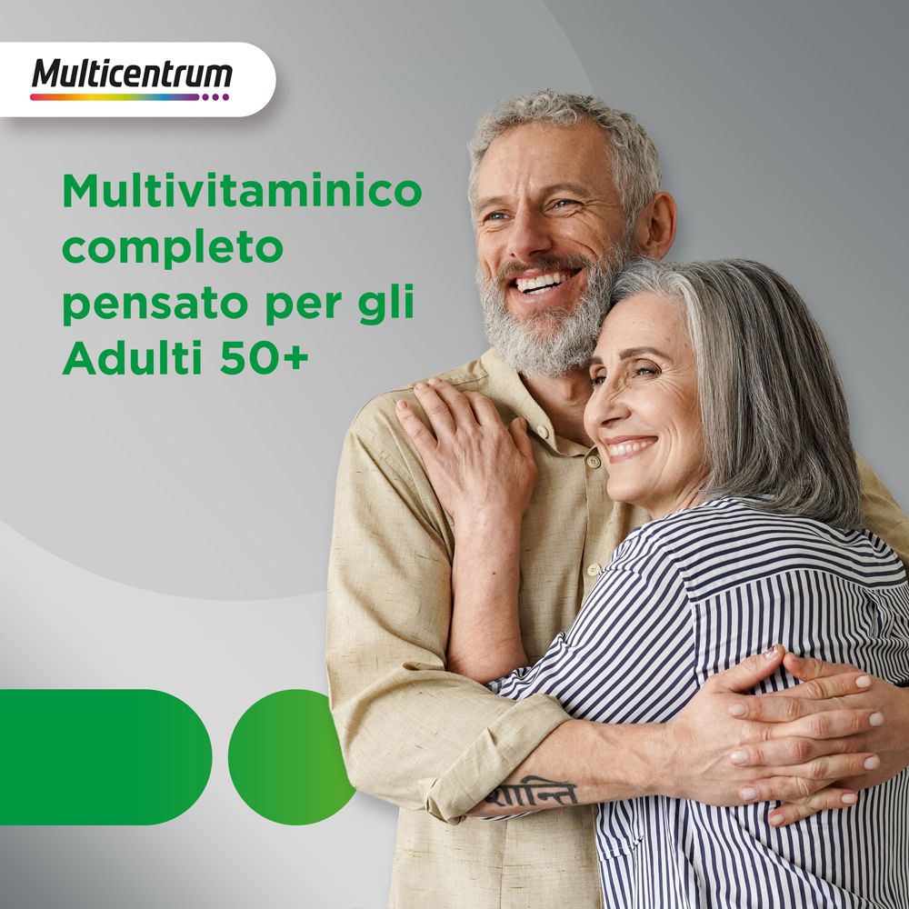 Coppia di anziani che si abbracciano. Testo: Multivitaminico completo pensato per gli Adulti 50+.