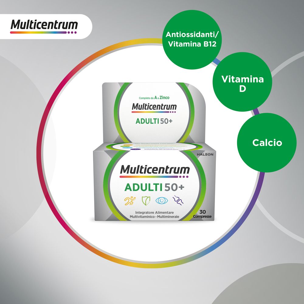 Confezione Multicentrum ADULTI 50+ con 30 compresse. Con vitamina D, calcio e antiossidanti/vitamina B12.