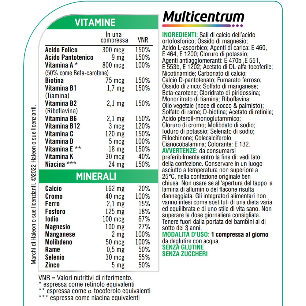 Informazioni nutrizionali e ingredienti di Multicentrum ADULTI 50+. Contiene vitamine e minerali.
