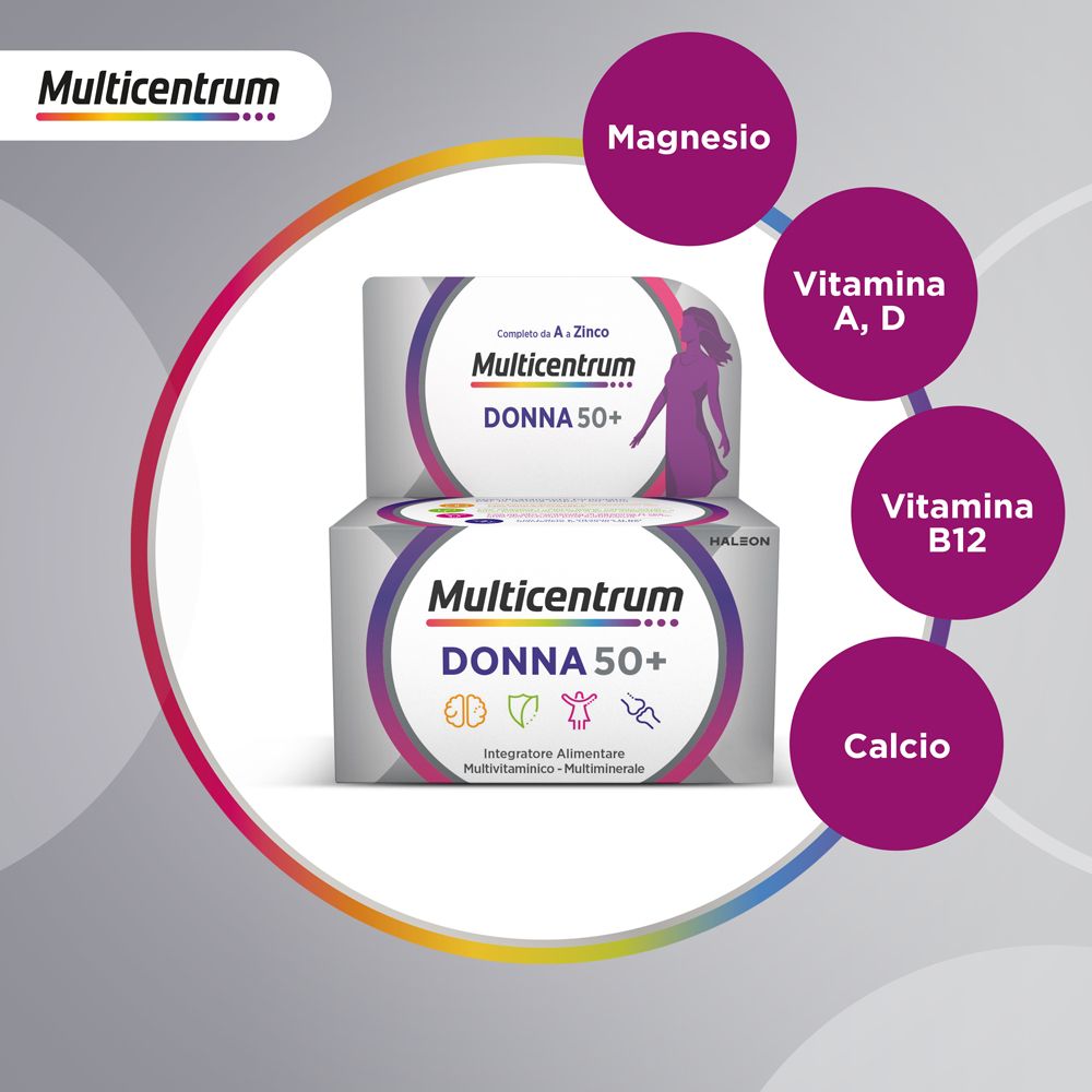 Confezione Multicentrum Donna 50+ con 30 compresse. Vitamine e minerali elencati. Grafici circolari.