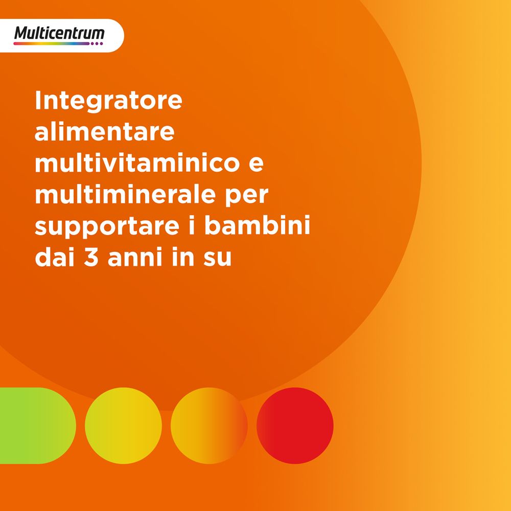 Sfondo arancione con testo. Contiene informazioni su Multicentrum. Con cerchi colorati.