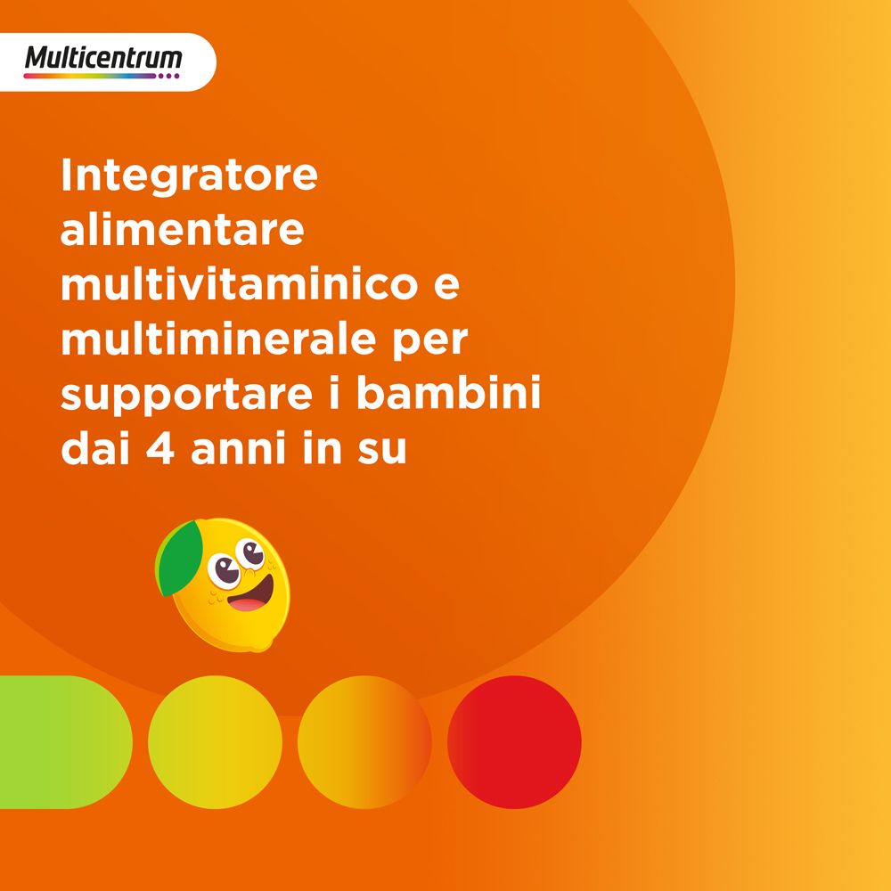 Sfondo arancione con testo: Integratore alimentare multivitaminico e multimineral per supportare i bambini dai 4 anni in su.