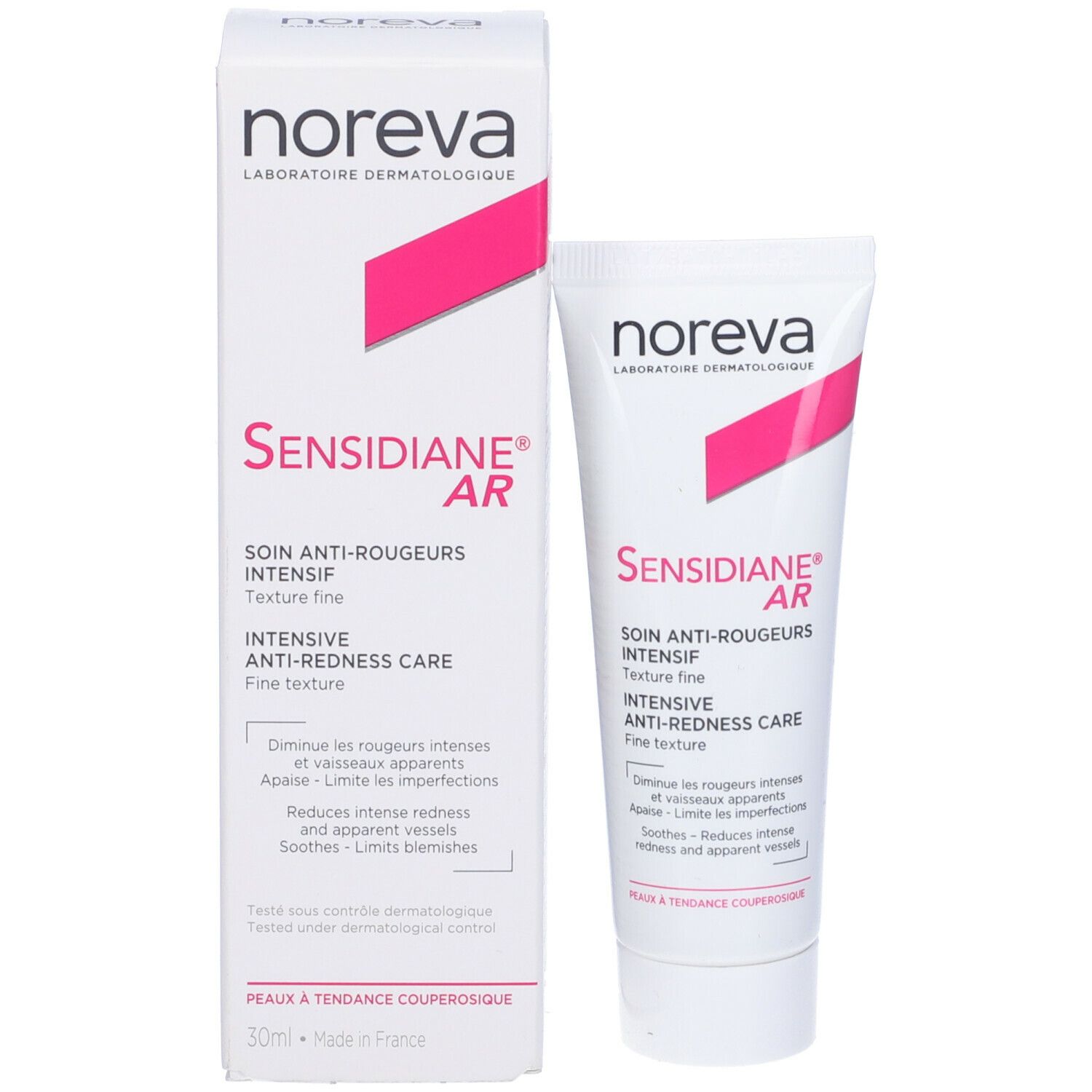 Confezione e tubo Sensidiane AR Intensivo. Dettaglio rosa. Sfondo bianco.