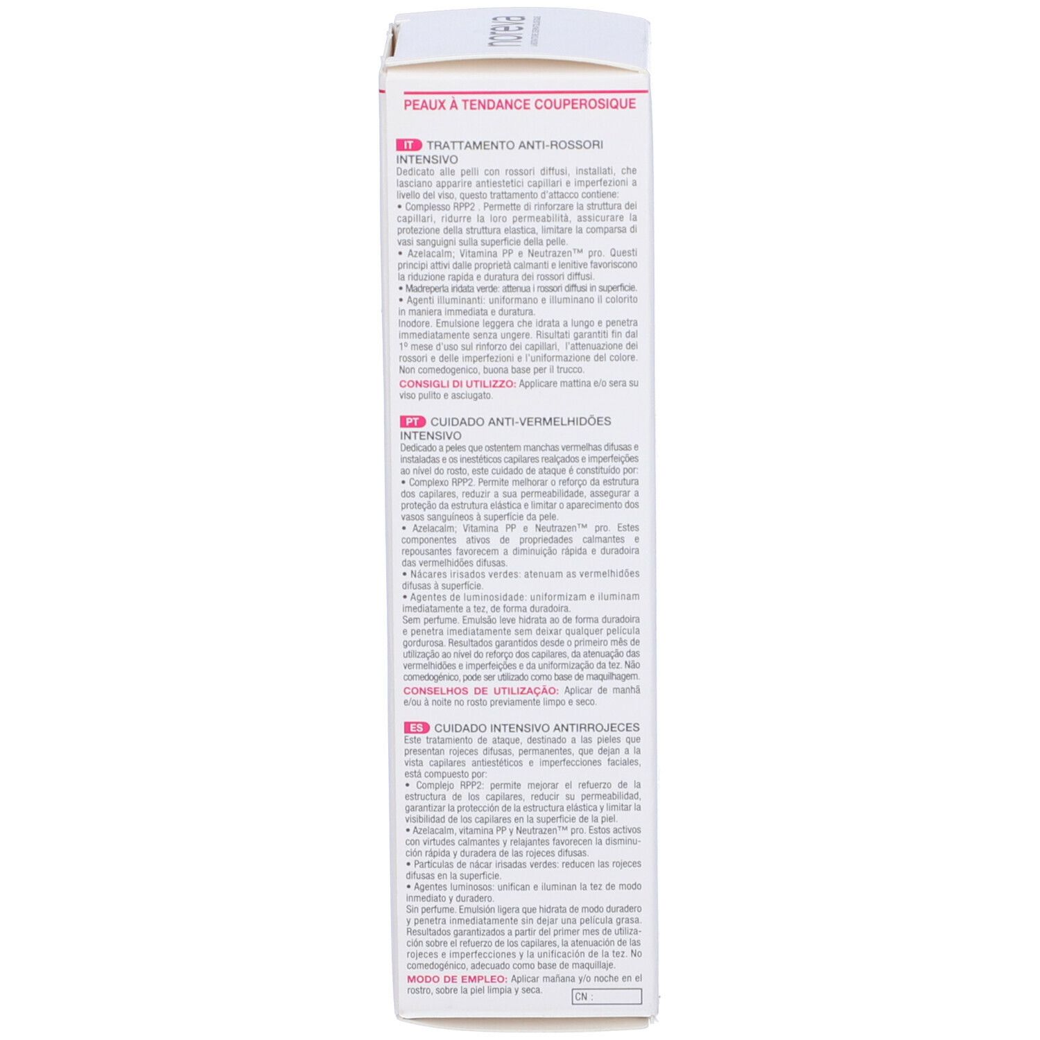 Confezione del prodotto. Informazioni multilingue sul prodotto. Sfondo bianco.