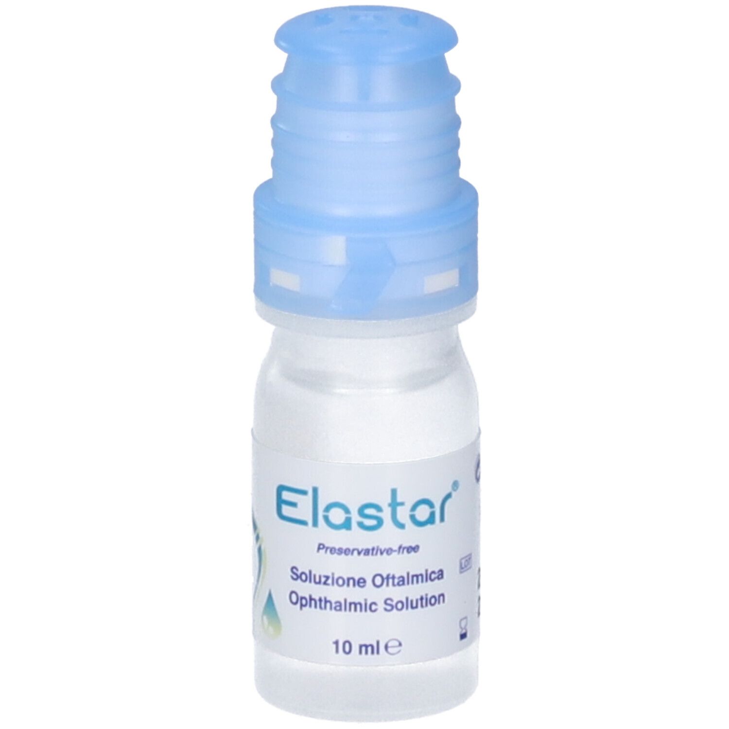 Flacone di collirio con tappo blu. Scritte: Elastar, Soluzione Oftalmica, Ophthalmic Solution, 10 ml.