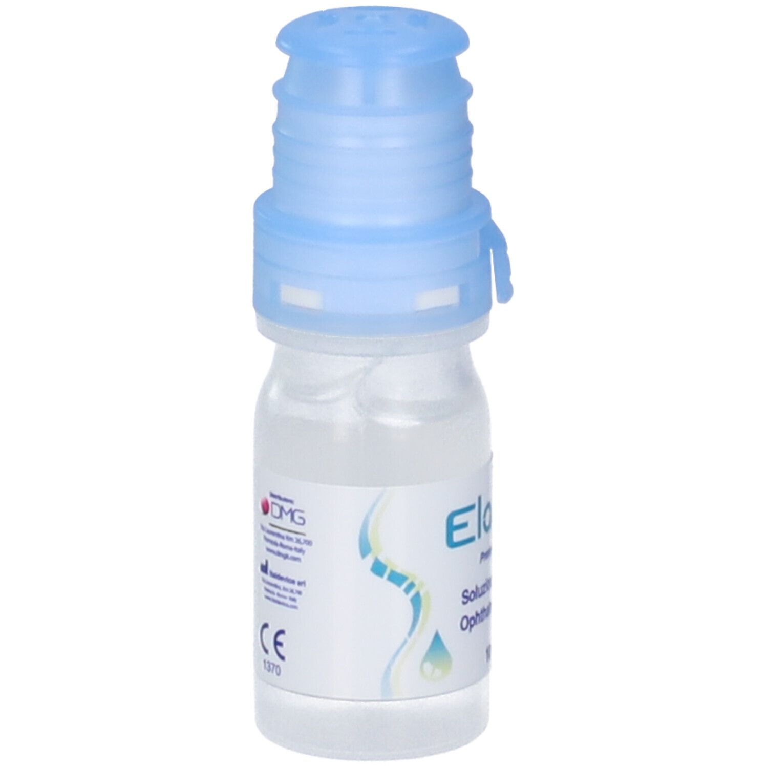 Flacone di collirio con tappo blu. Scritte: Elastar, Soluzione Oftalmica, Ophthalmic Solution. Etichetta.