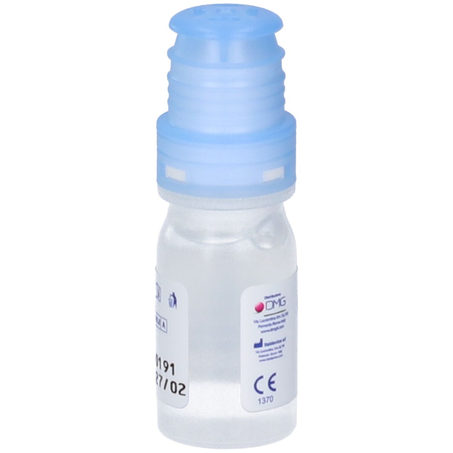 Flacone di collirio con tappo blu. Scritte: Elastar, Soluzione Oftalmica, Ophthalmic Solution. Etichetta con marchio CE.