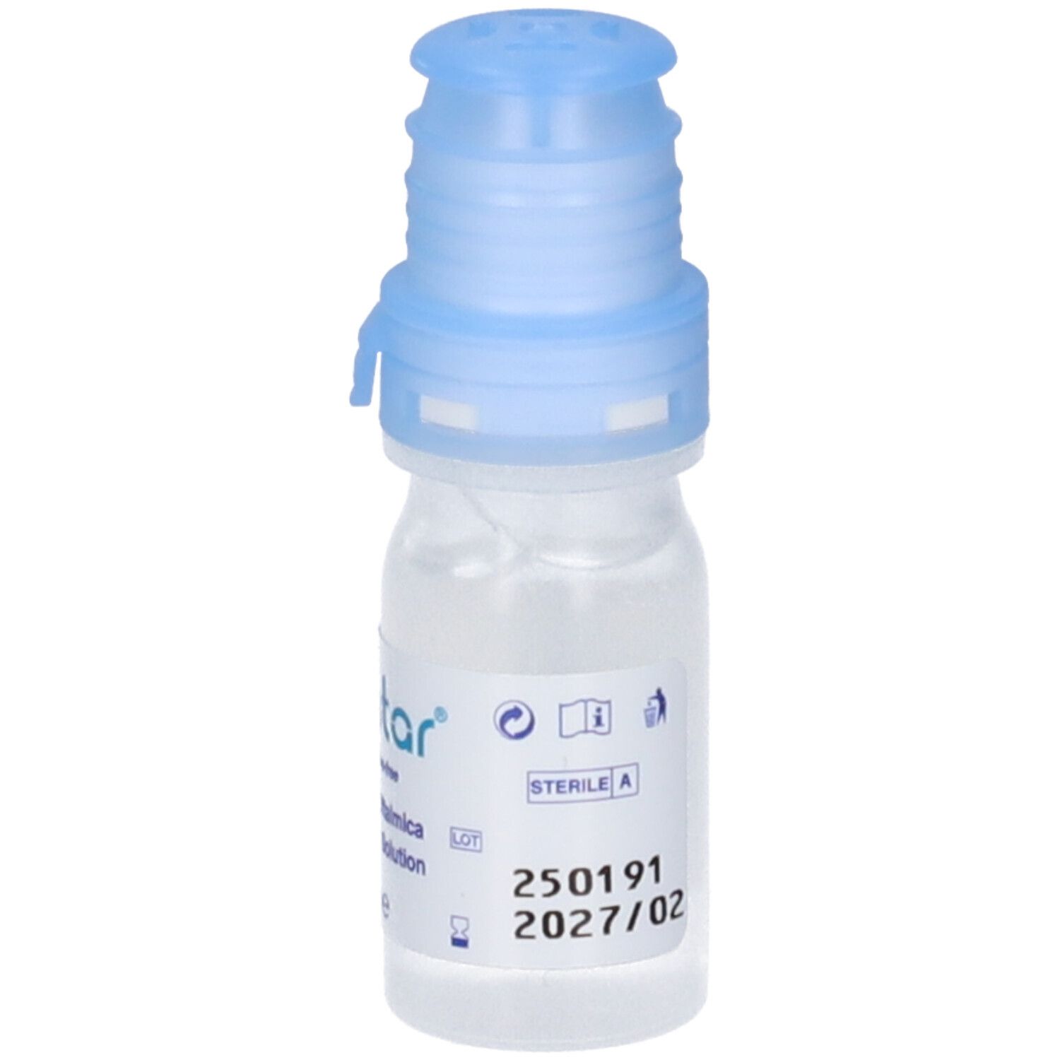 Flacone di collirio con tappo blu. Scritte: Elastar, Soluzione Oftalmica, Ophthalmic Solution. Etichetta con numero di lotto.