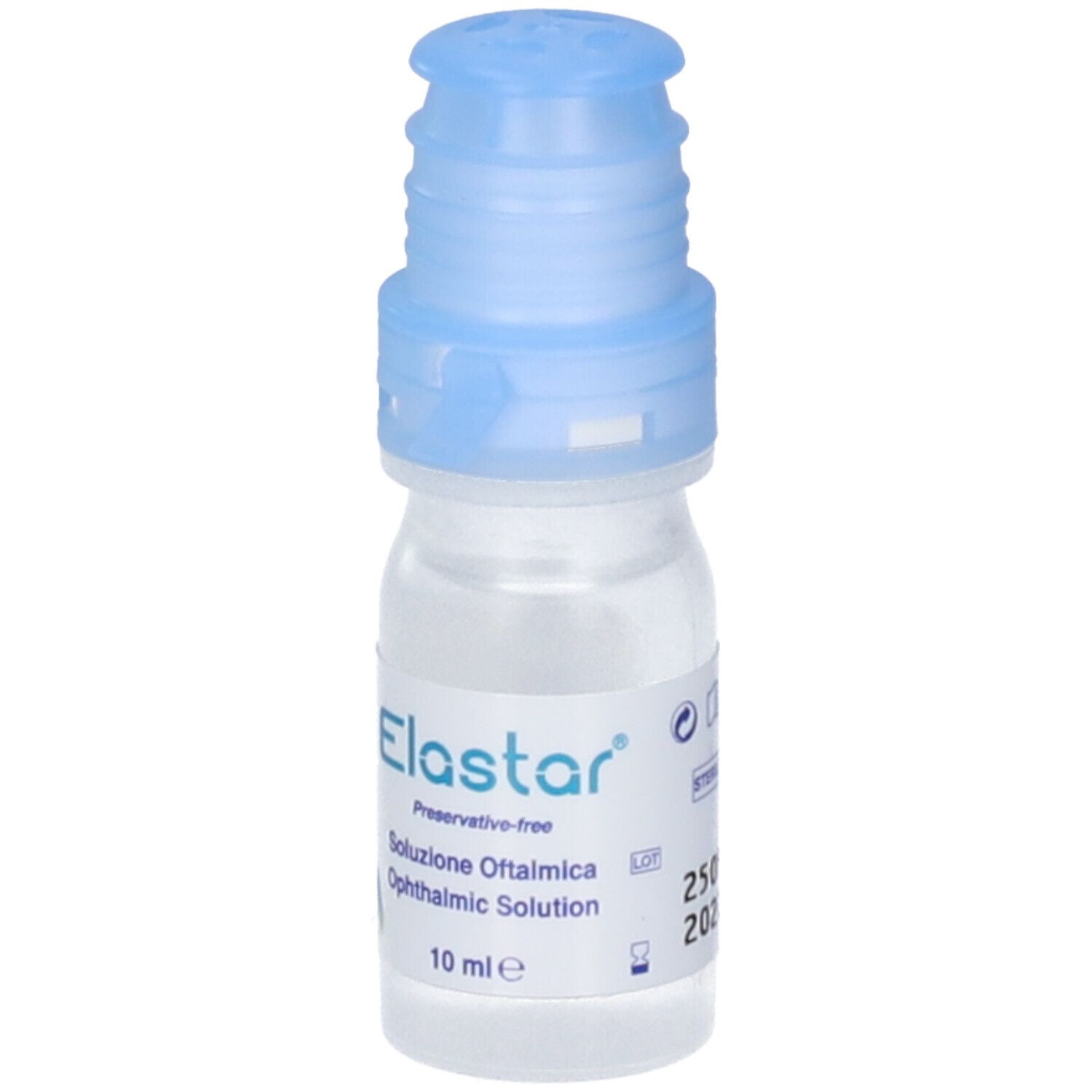 Flacone di collirio con tappo blu. Scritte: Elastar, Soluzione Oftalmica, Ophthalmic Solution, 10 ml.