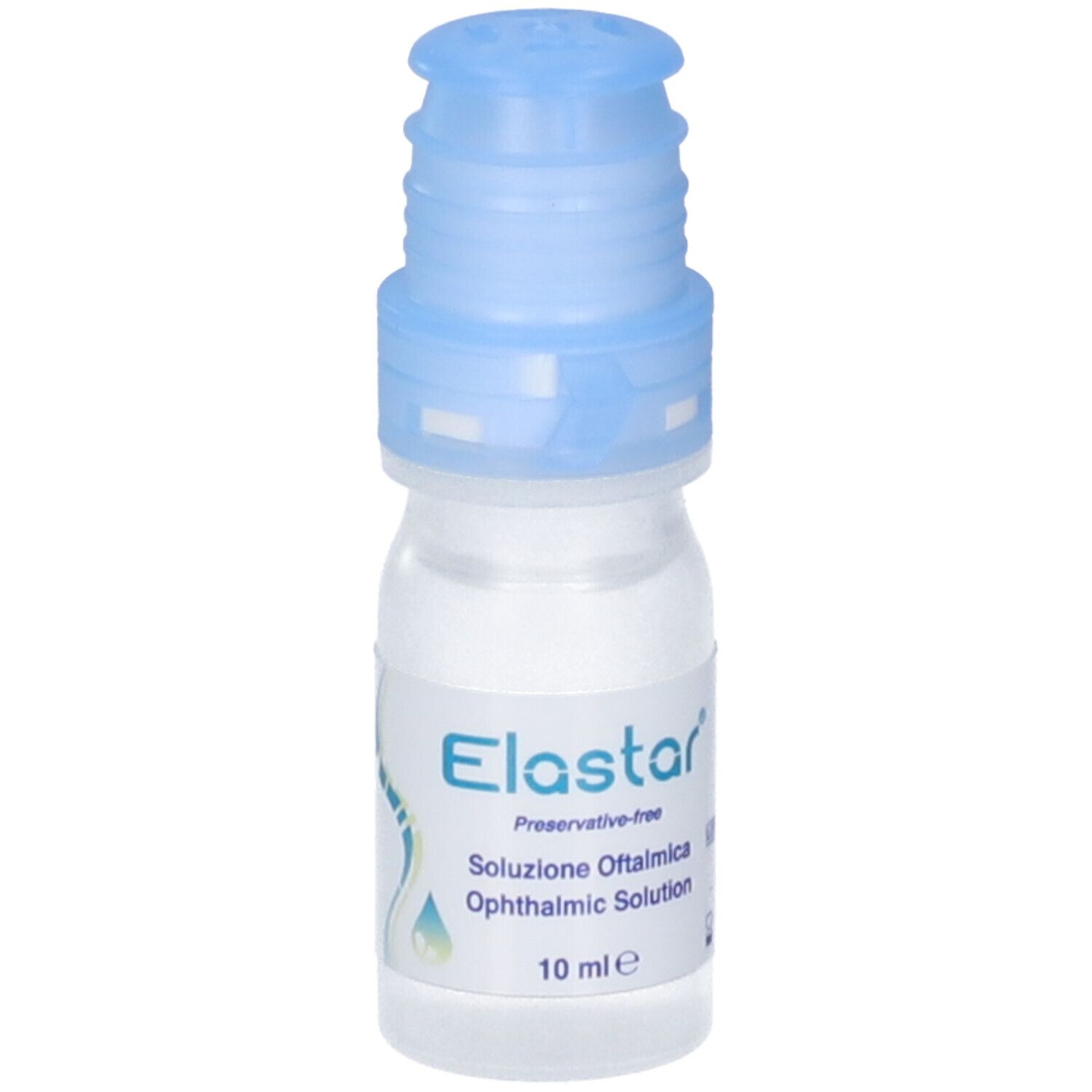 Flacone di collirio con tappo blu. Scritte: Elastar, Soluzione Oftalmica, Ophthalmic Solution, 10 ml.