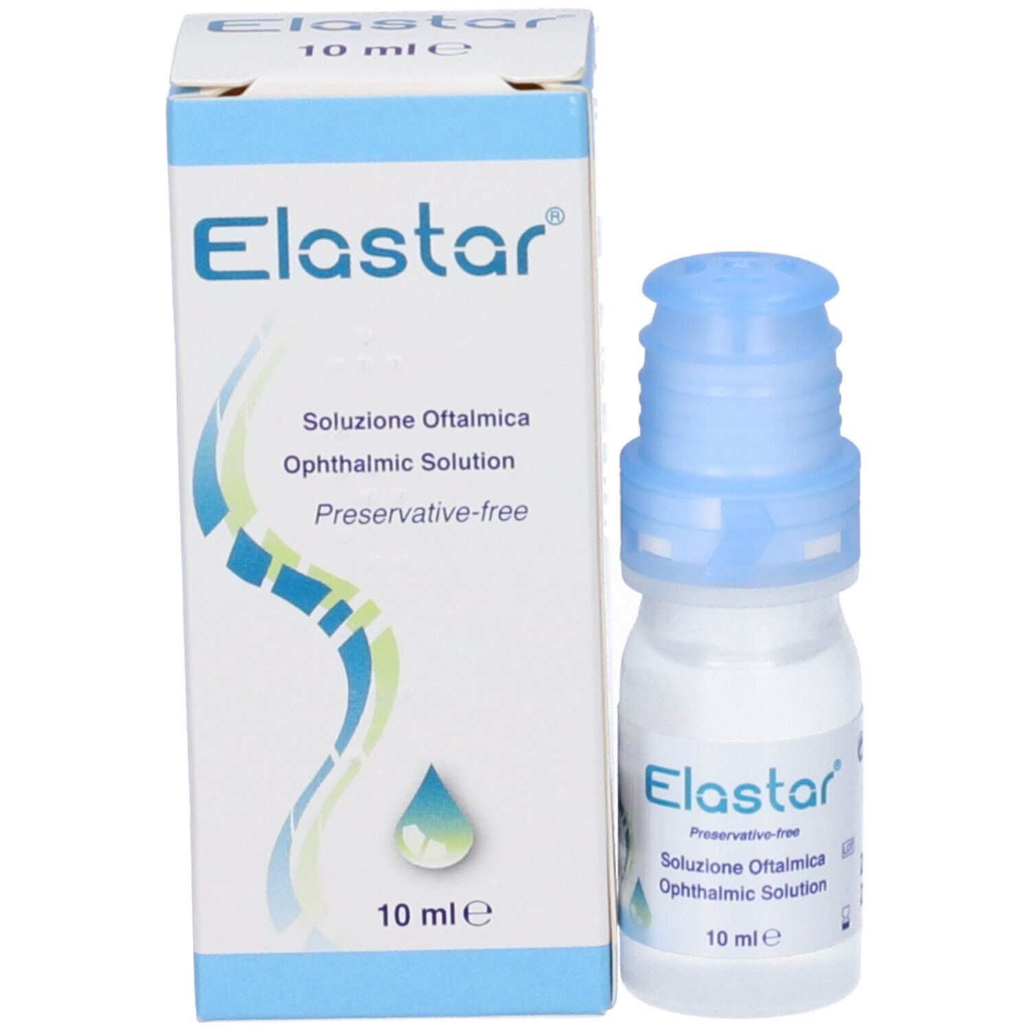 Confezione e flacone di collirio. Scritte: Elastar, Soluzione Oftalmica, Ophthalmic Solution, 10 ml.