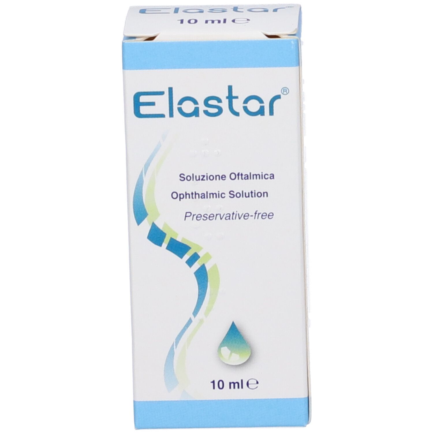 Confezione del prodotto. Scritte: Elastar, Soluzione Oftalmica, Ophthalmic Solution, 10 ml.