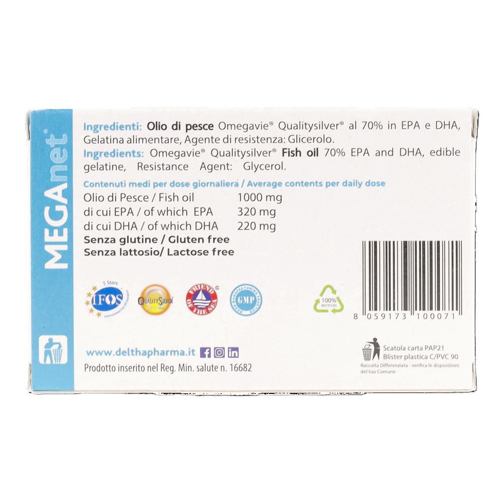 Retro della scatola. Contiene informazioni sugli ingredienti e il valore nutrizionale. Loghi: IFOS, GMP, ecc. Testo in italiano e inglese.