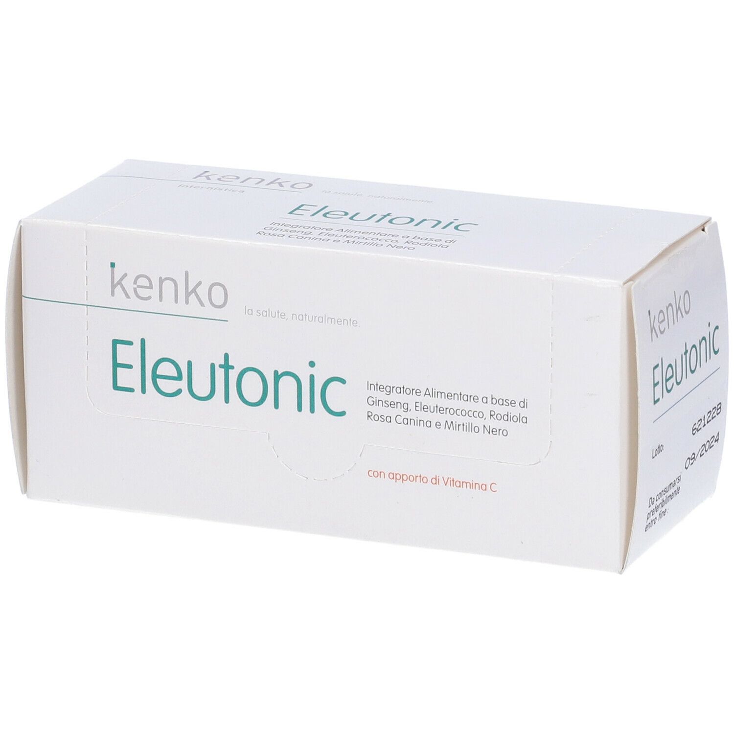 Scatola bianca con scritta "kenko Eleutonic". Testo: Integratore Alimentare a base di Ginseng, Eleuterococco, Rodiola, Rosa Canina e Mirtillo Nero.