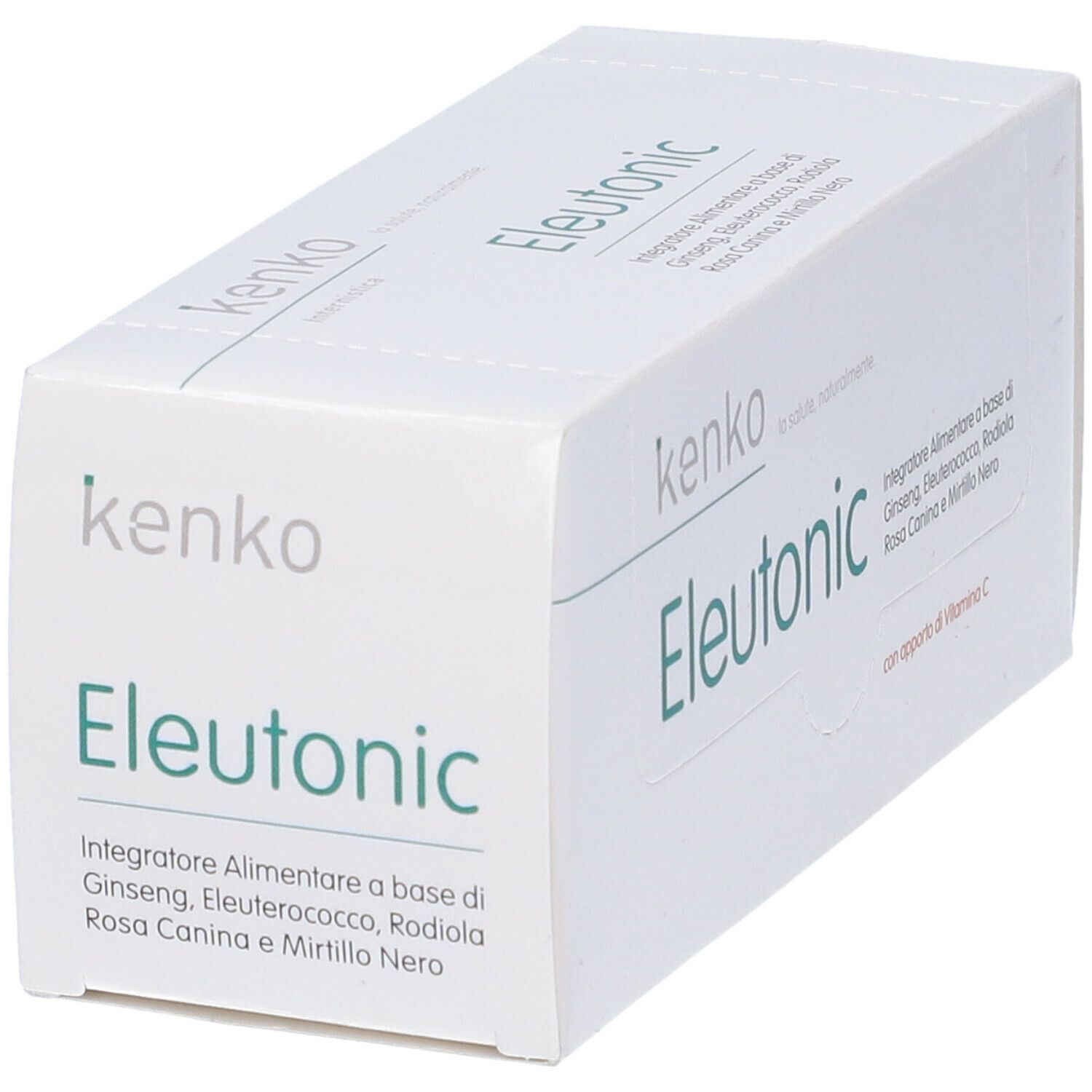 Scatola bianca con scritta "kenko Eleutonic". Testo: Integratore Alimentare a base di Ginseng, Eleuterococco, Rodiola, Rosa Canina e Mirtillo Nero.