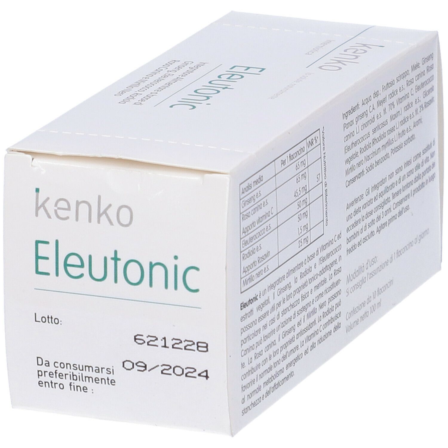 Scatola bianca con testo. Contiene informazioni nutrizionali e data di scadenza: 09/2024.