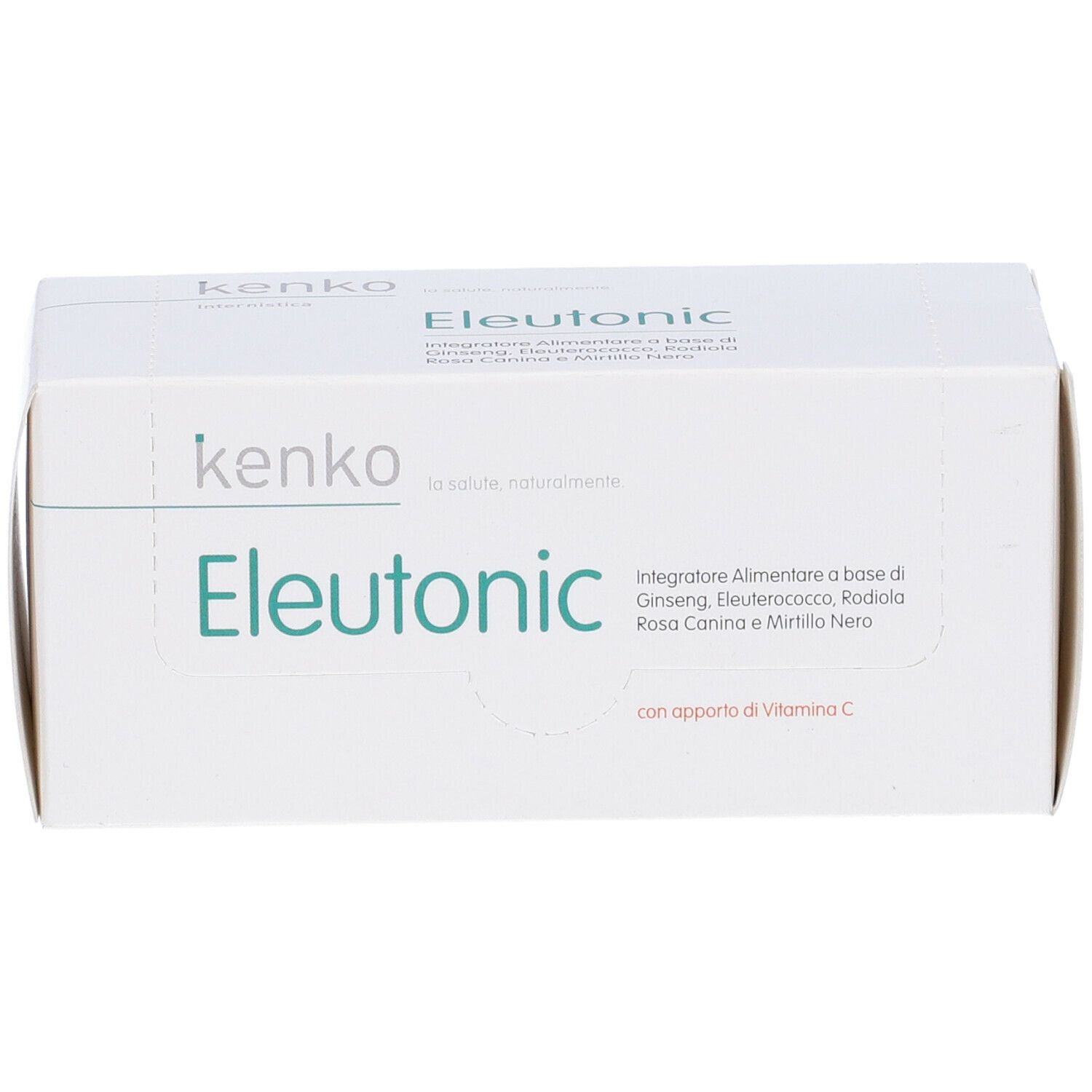 Scatola bianca con scritta "kenko Eleutonic". Testo: Integratore Alimentare a base di Ginseng, Eleuterococco, Rodiola, Rosa Canina e Mirtillo Nero.