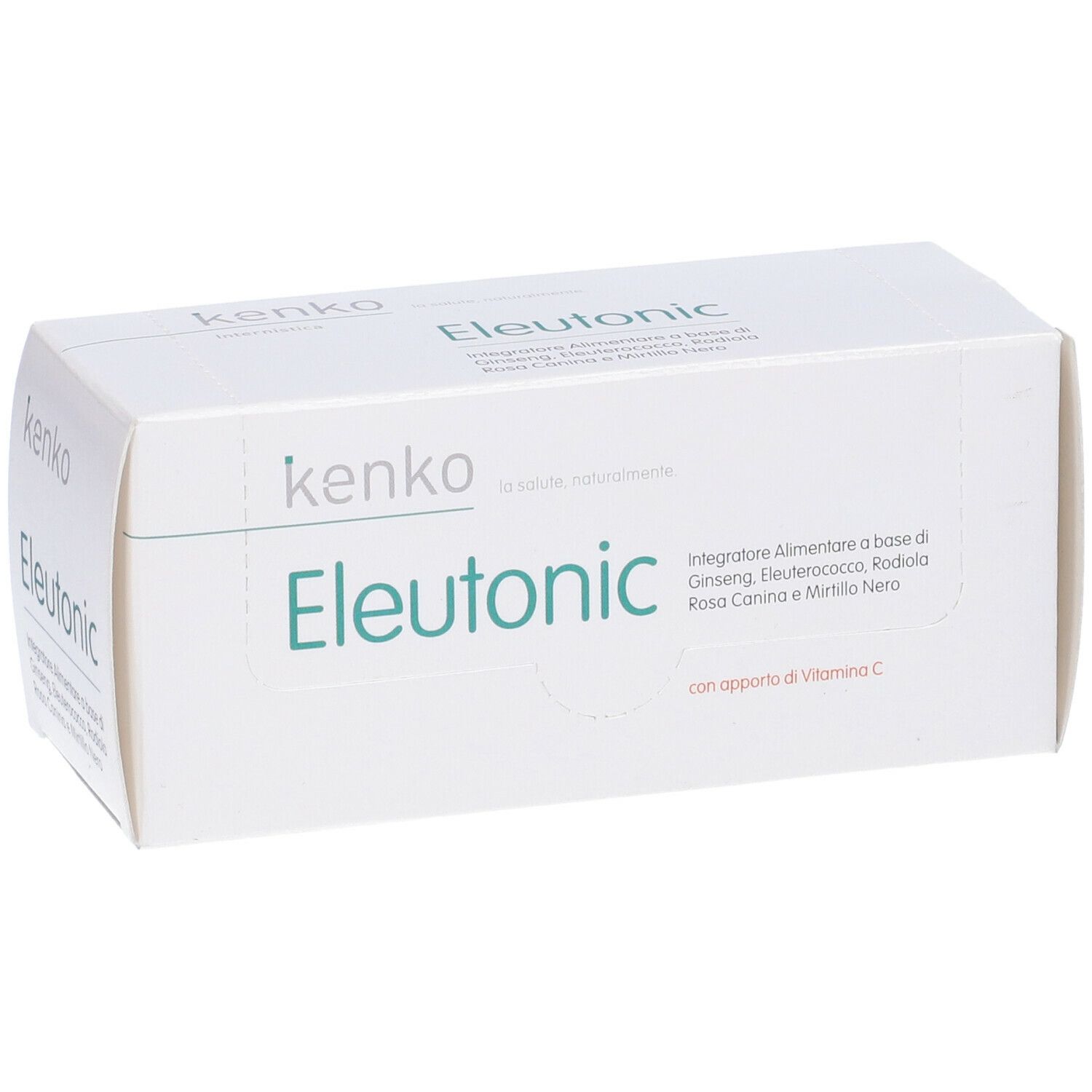 Scatola bianca con scritta "kenko Eleutonic". Testo: Integratore Alimentare a base di Ginseng, Eleuterococco, Rodiola, Rosa Canina e Mirtillo Nero.