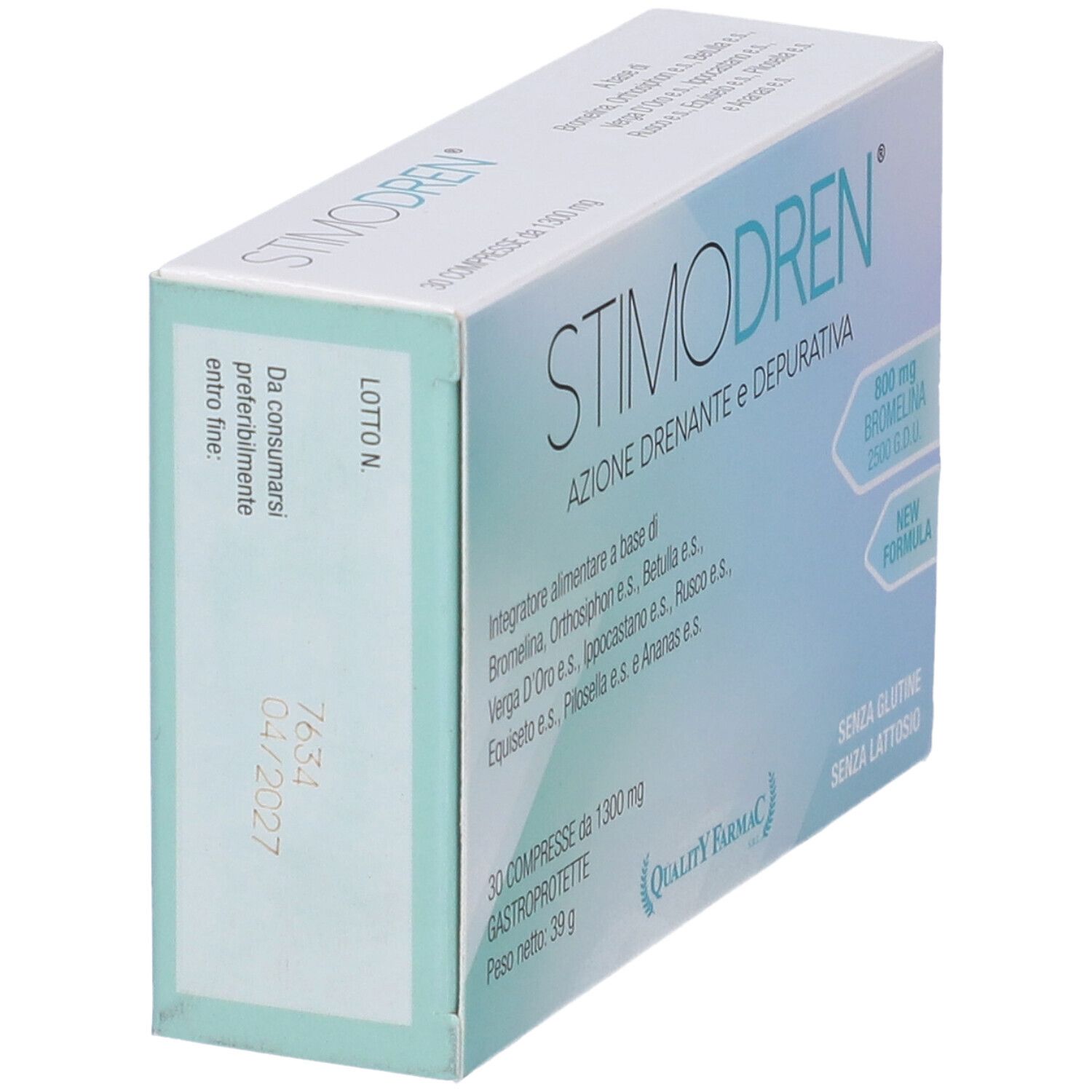 Scatola di compresse Stimodren. Scritta: 30 compresse, 800 mg Bromelina, senza glutine e lattosio. Marchio di qualità.