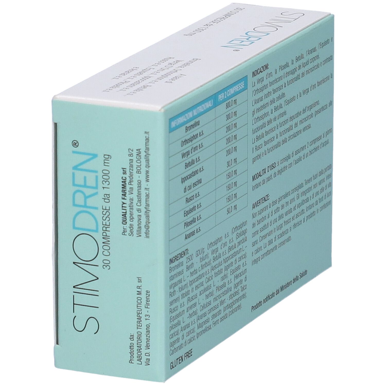 Scatola di compresse Stimodren. Scritta: 30 compresse da 1300 mg. Marchio di qualità.