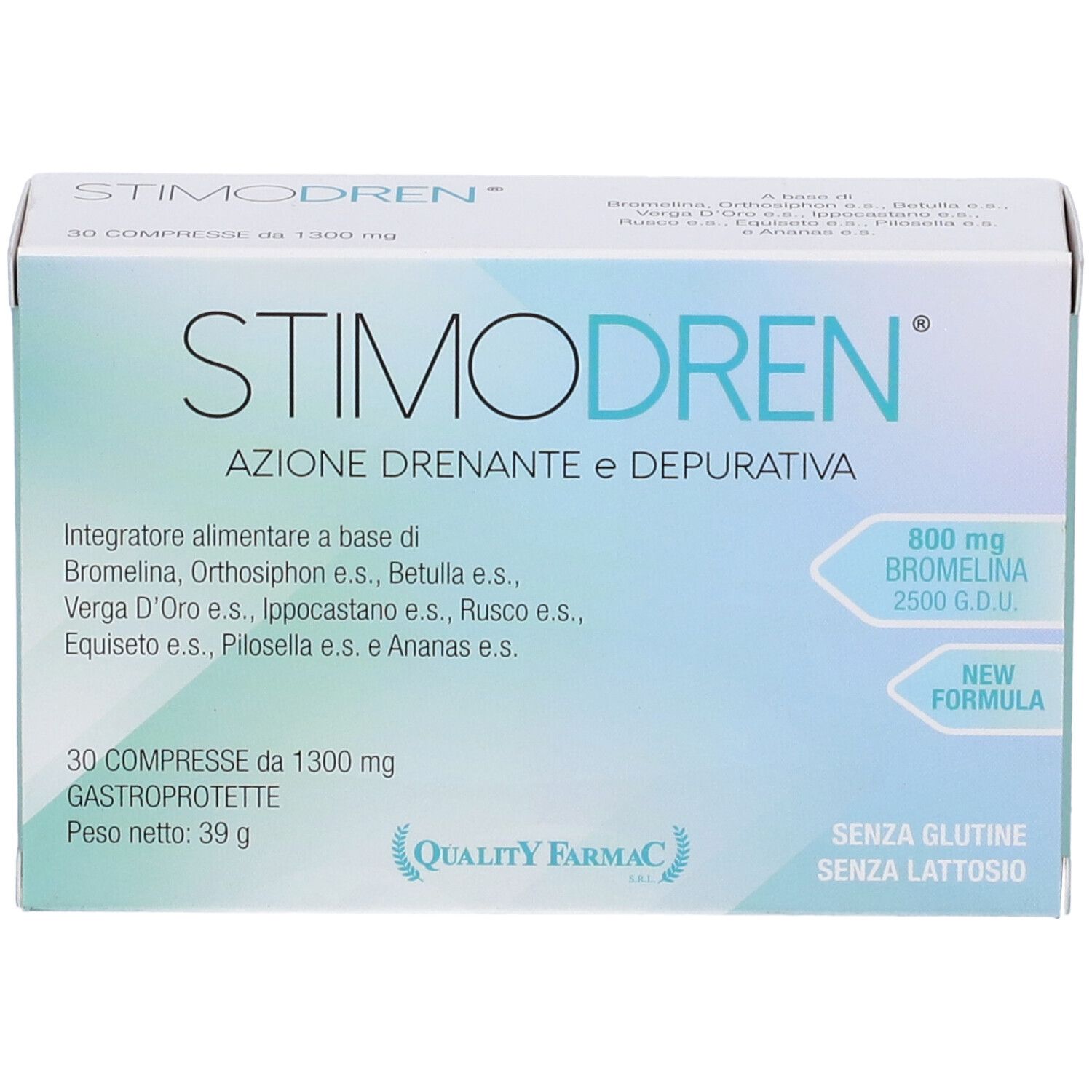 Scatola di compresse Stimodren. Scritta: 30 compresse, 800 mg Bromelina, senza glutine e lattosio. Marchio di qualità.