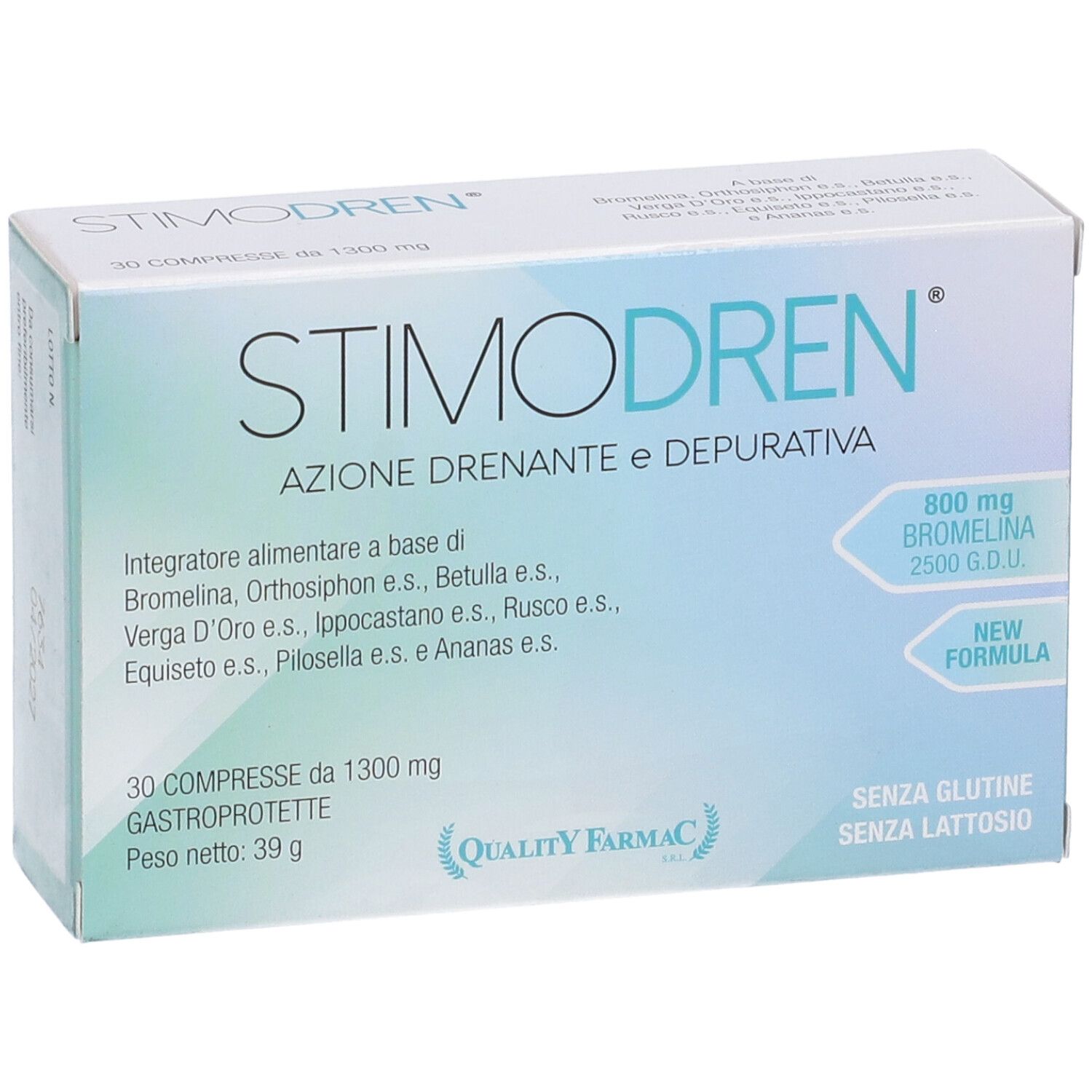 Scatola di compresse Stimodren. Scritta: 30 compresse, 800 mg Bromelina, senza glutine e lattosio. Marchio di qualità.