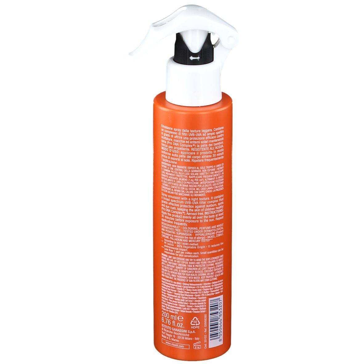 Retro di un flacone arancione con erogatore bianco. Informazioni testuali multilingue.