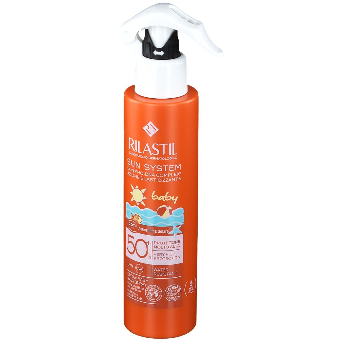 Flacone arancione con erogatore bianco. Scritta: RILASTIL Sun System baby SPF 50+. Resistente all'acqua.
