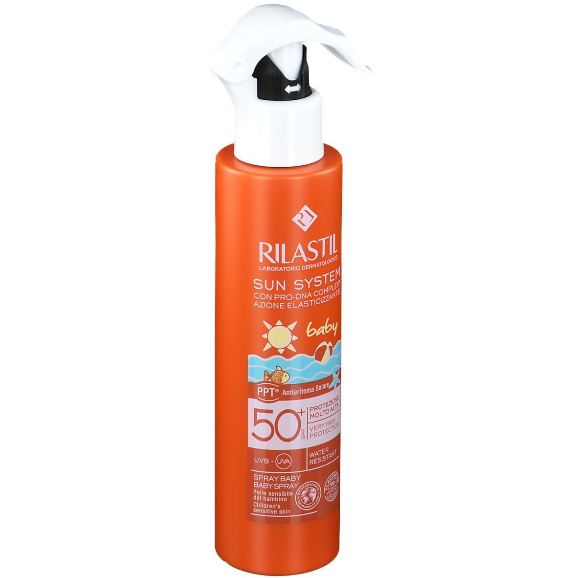 Flacone arancione con erogatore bianco. Scritta: RILASTIL Sun System baby SPF 50+. Resistente all'acqua.