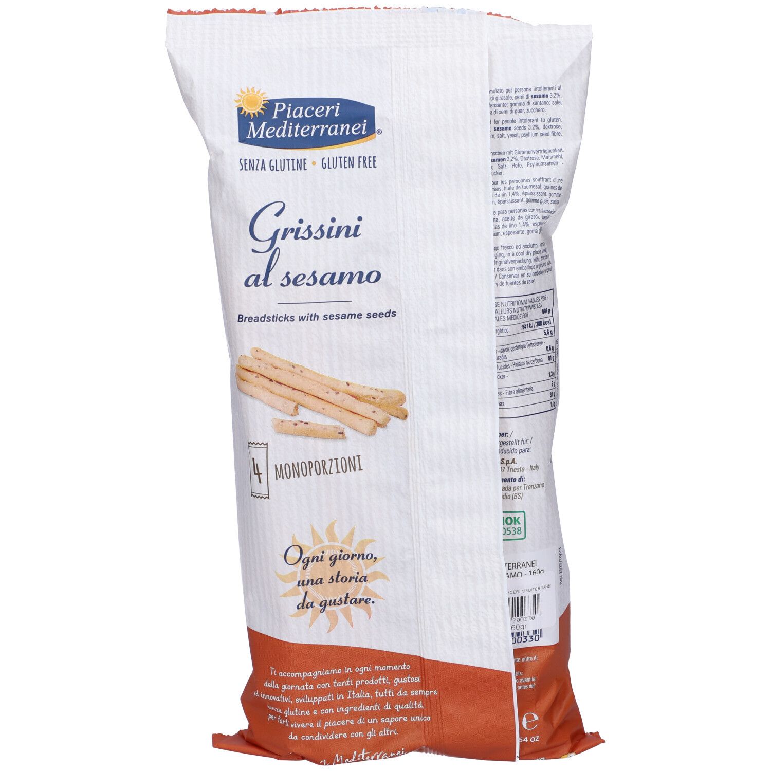 Confezione Grissini al sesamo senza glutine. Grissini con semi di sesamo. Testo e logo visibili. Monoporzioni.