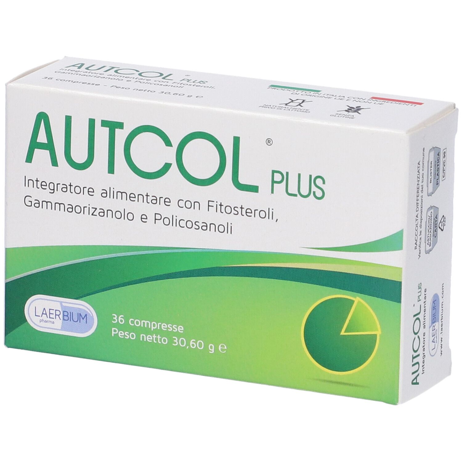 Scatola bianca e verde "AUTCOL PLUS". 36 compresse. Testo: 'Integratore alimentare'.