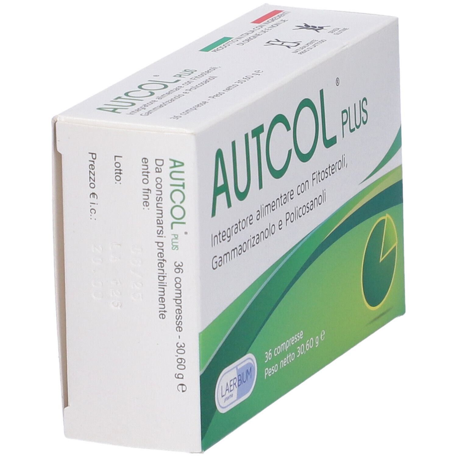Scatola "AUTCOL PLUS" in prospettiva. 36 compresse. Testo: 'Integratore alimentare'.
