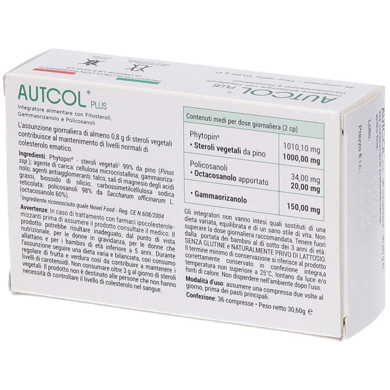 Retro della scatola "AUTCOL PLUS". Testo con ingredienti e valori nutrizionali.