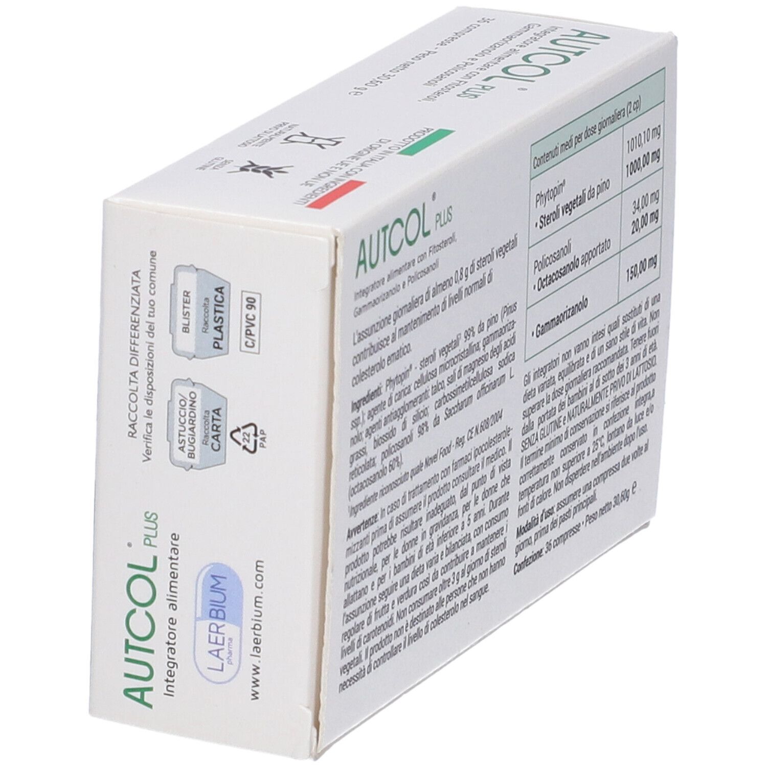 Scatola "AUTCOL PLUS" in prospettiva. Testo e simboli di riciclaggio.