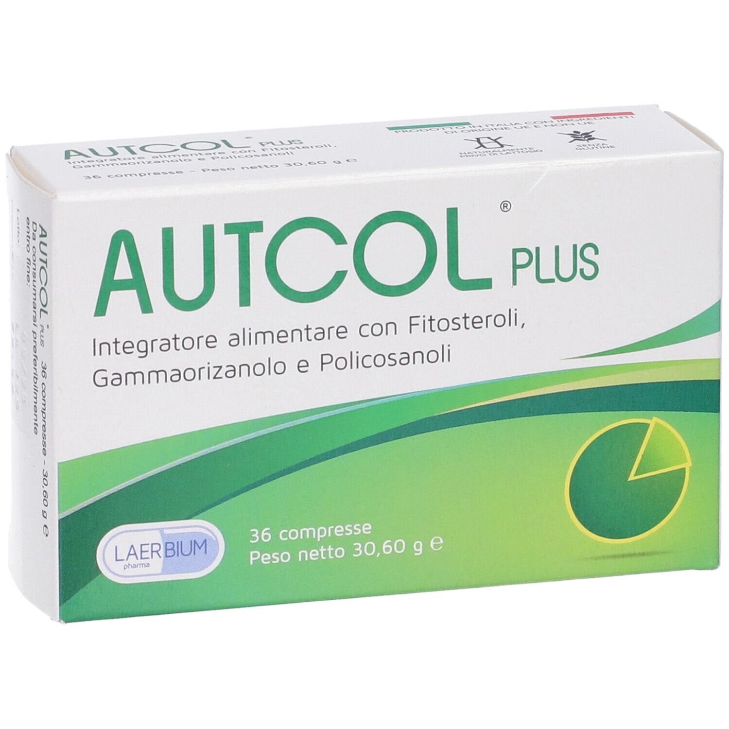 Scatola "AUTCOL PLUS". 36 compresse. Confezione verde e bianca.