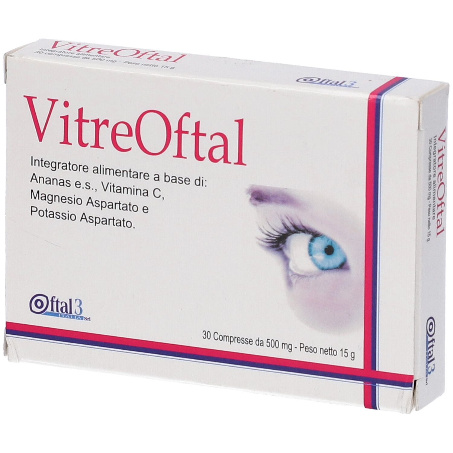 Confezione VitreOftal. Scatola bianca con nome e illustrazione occhio. 30 compresse.
