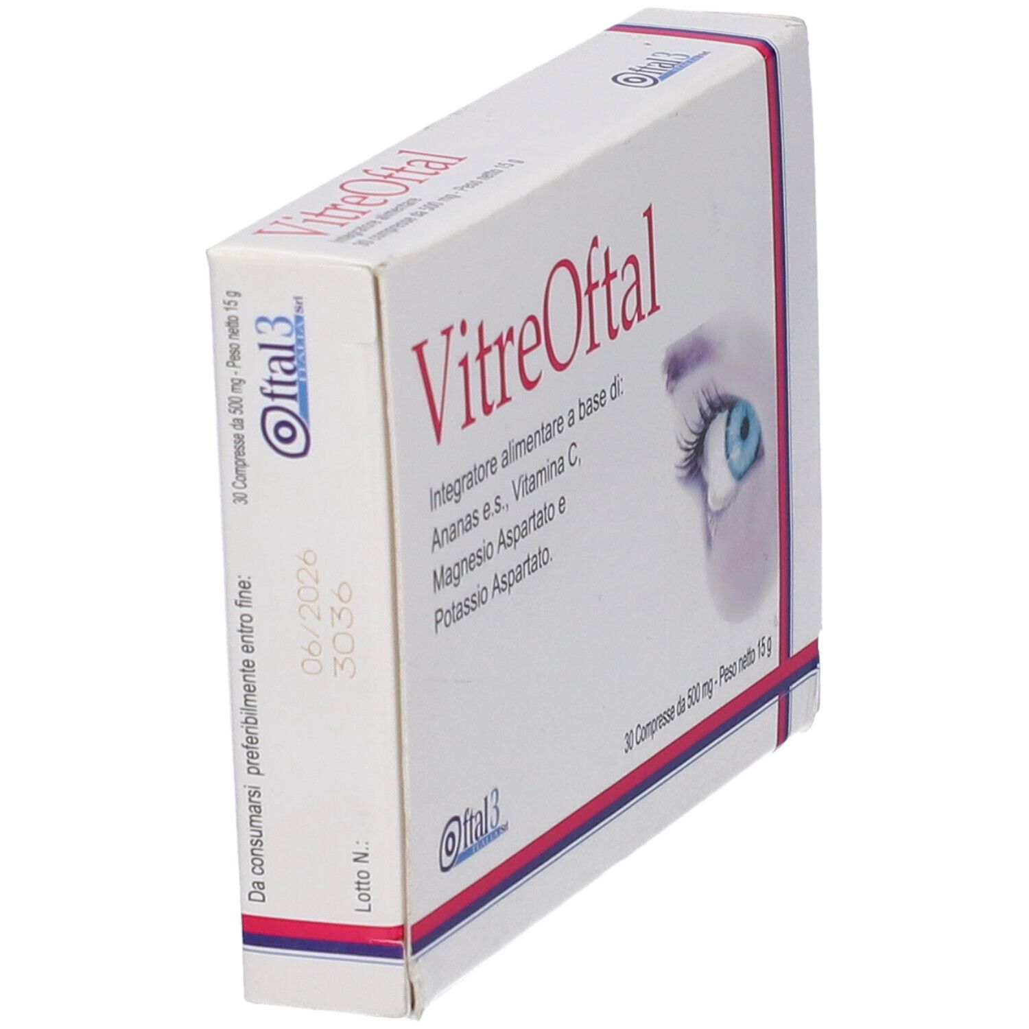Confezione VitreOftal. Scatola bianca con nome e illustrazione occhio. 30 compresse.