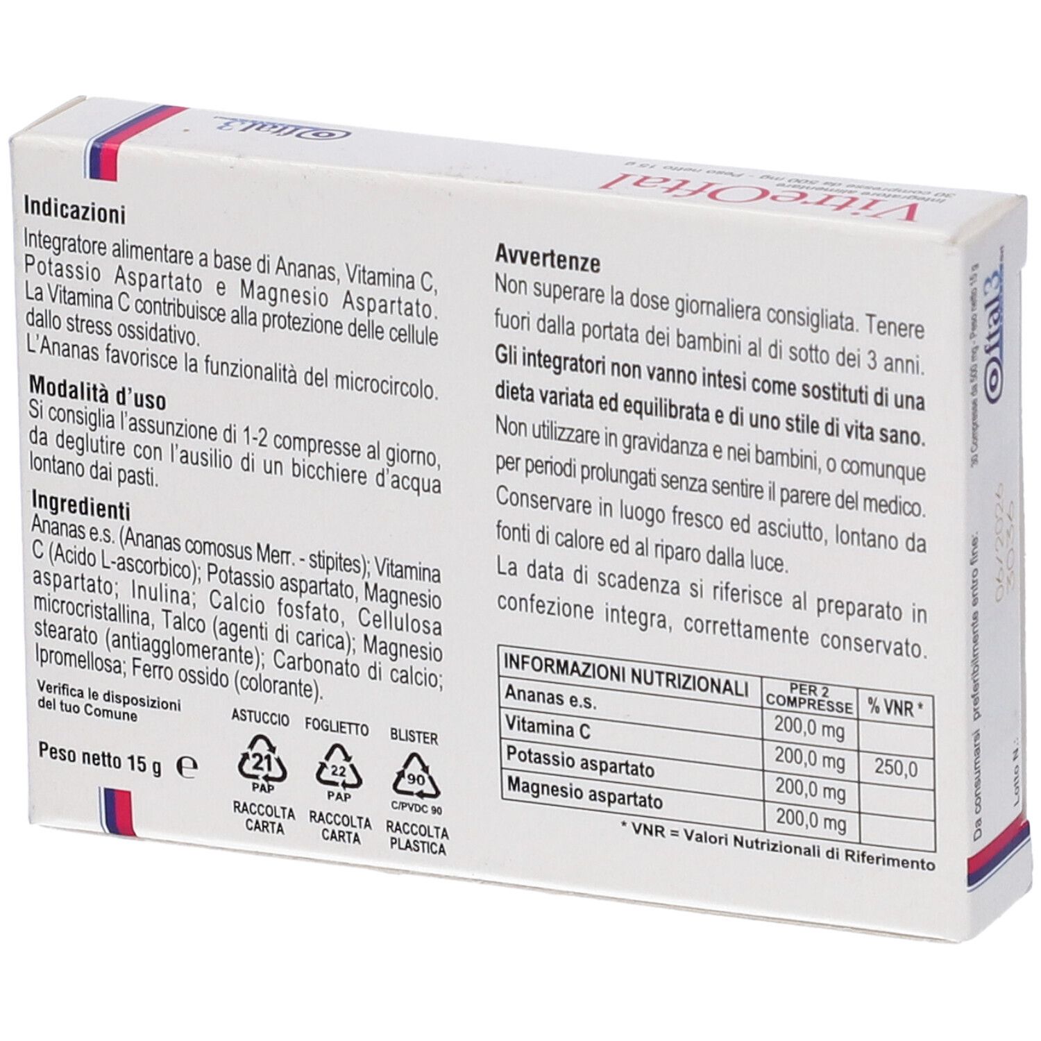 Retro della confezione VitreOftal. Contiene informazioni sugli ingredienti e valori nutrizionali.