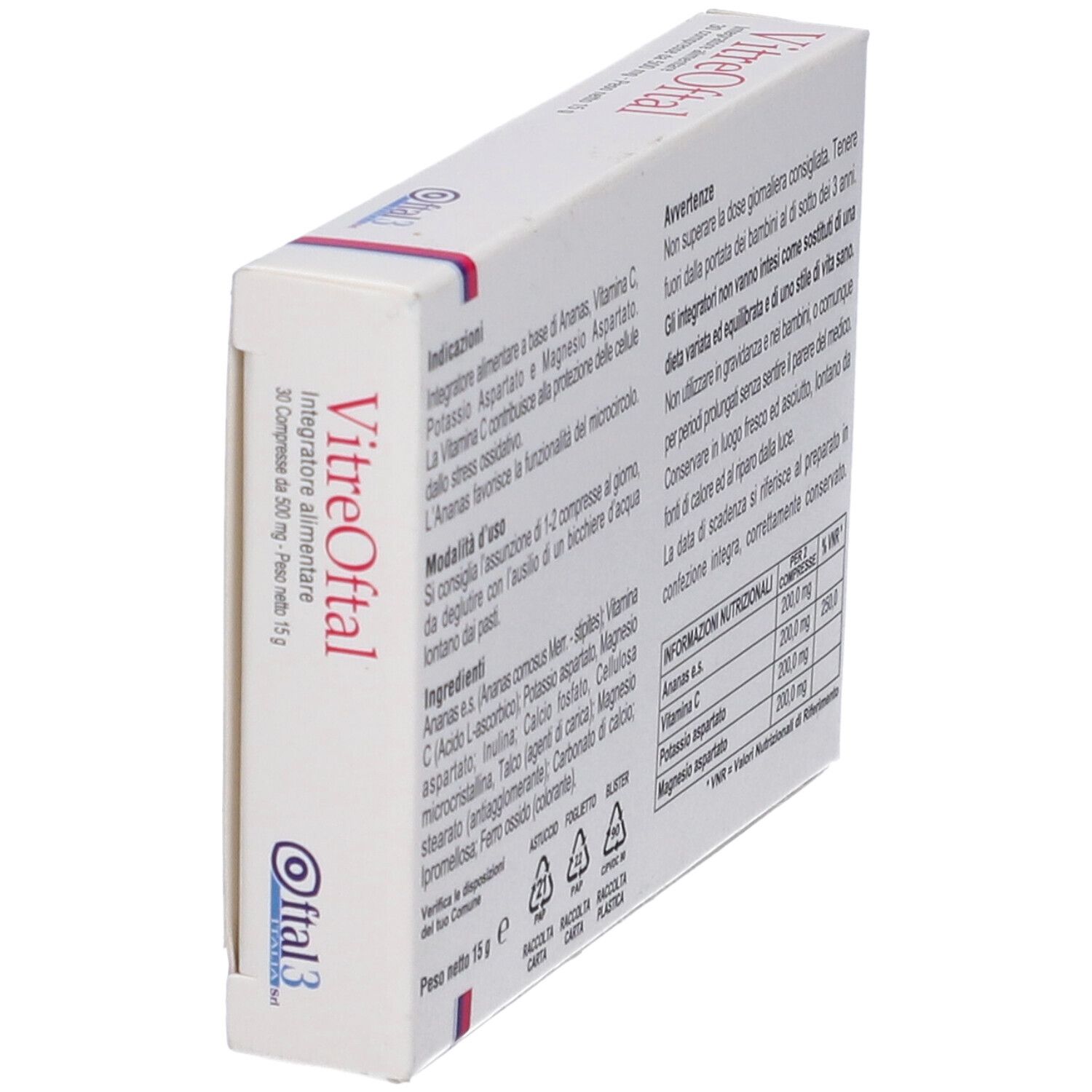 Confezione VitreOftal. Scatola bianca con nome e illustrazione occhio. 30 compresse.