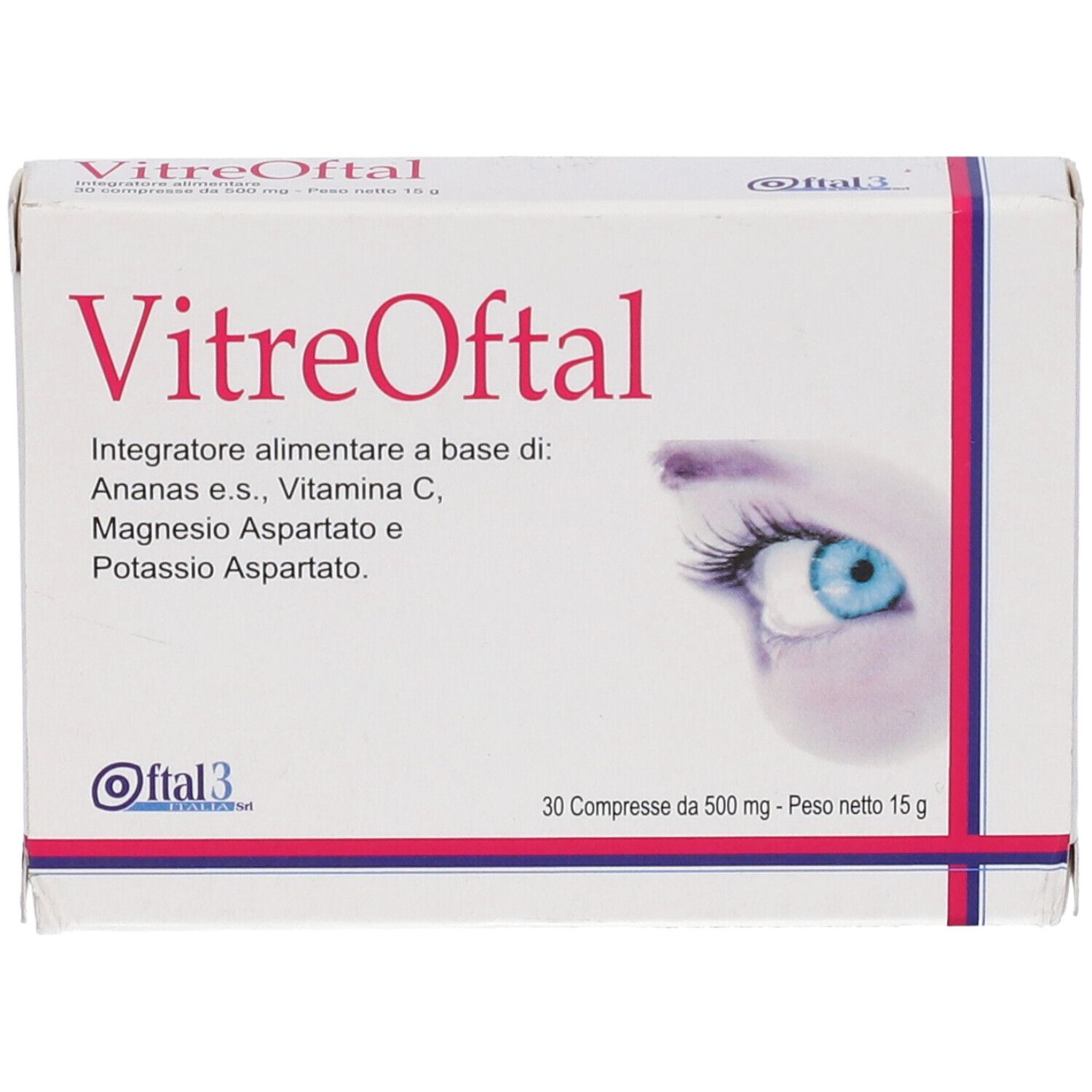 Confezione VitreOftal. Scatola bianca con nome e illustrazione occhio. 30 compresse.