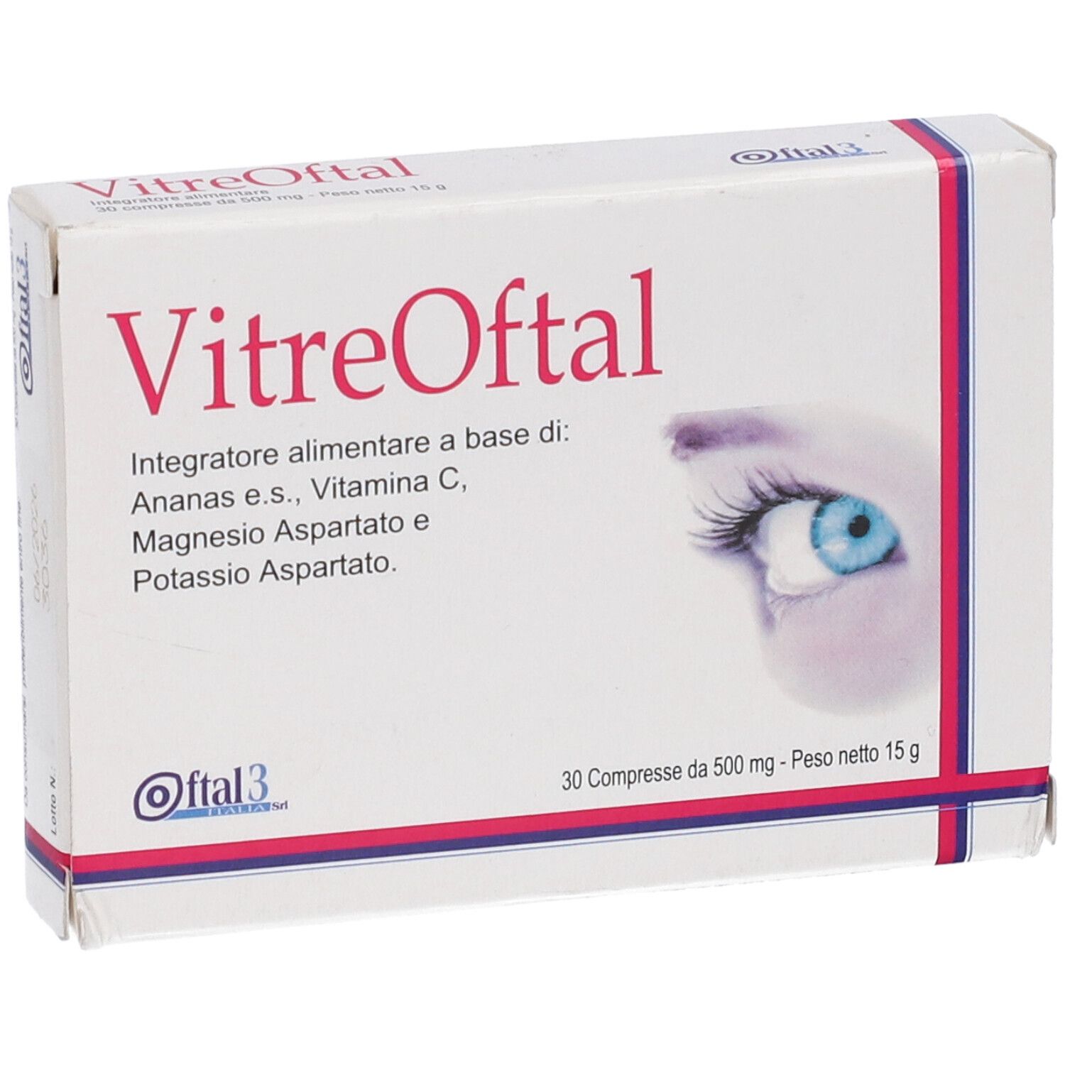 Confezione VitreOftal. Scatola bianca con nome e illustrazione occhio. 30 compresse.