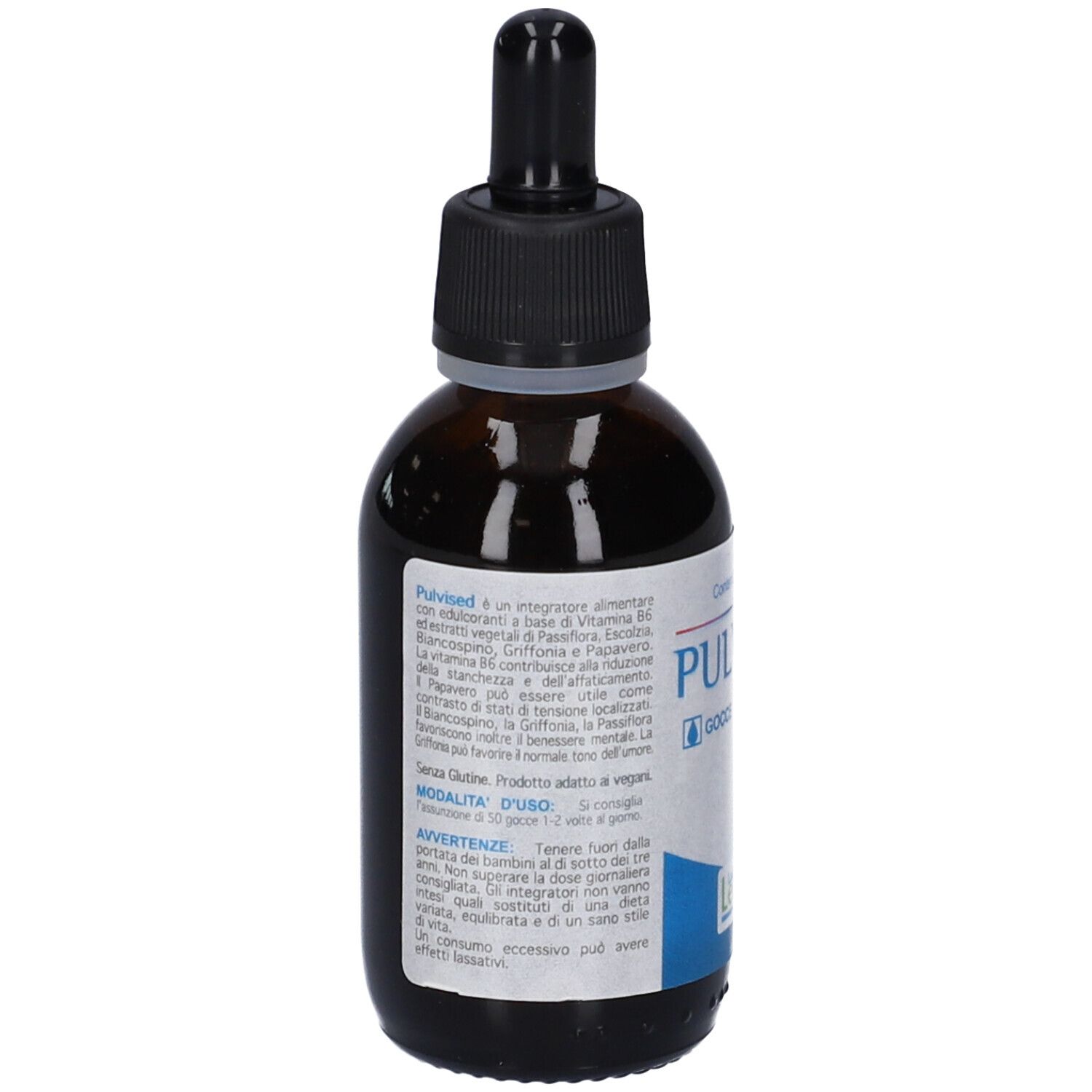 Retro di un flacone Pulvised Gocce 50 ml con informazioni dettagliate.