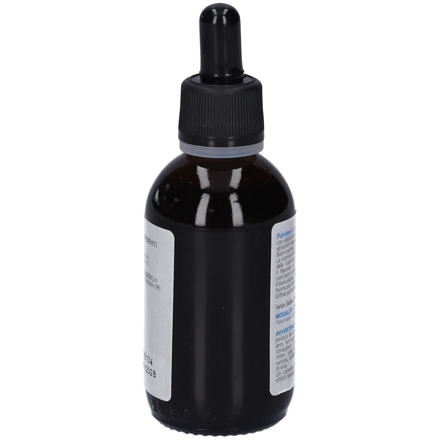Vista laterale di un flacone Pulvised Gocce 50 ml con contagocce.