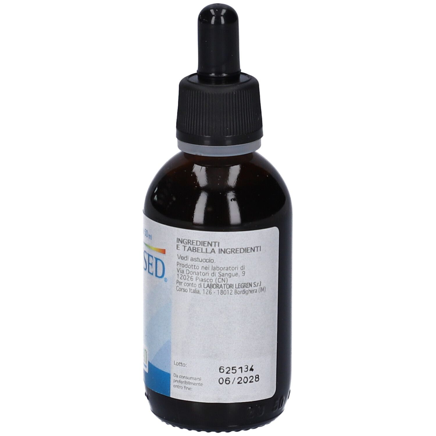 Flacone Pulvised Gocce 50 ml con etichetta che mostra ingredienti e data di scadenza.